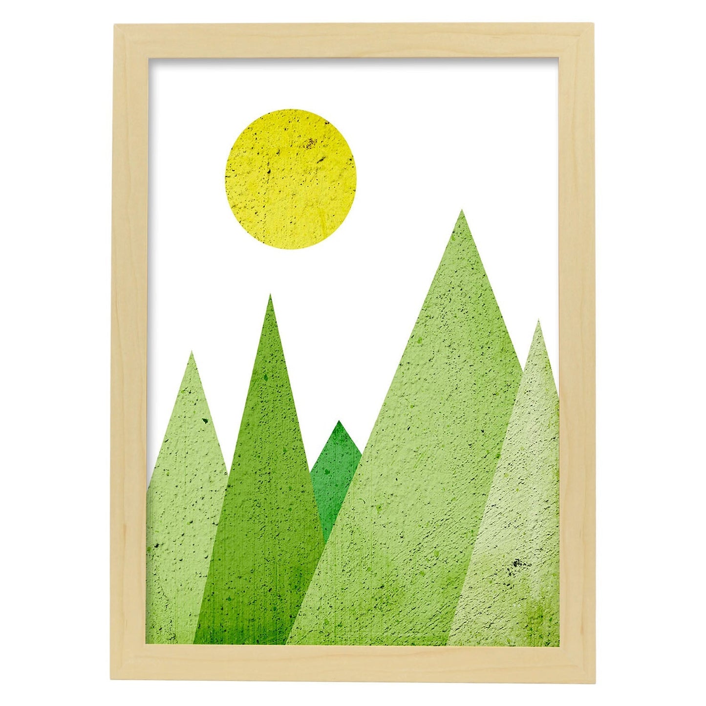 Poster con dibújo de montañas geométricas. Lámina Montañas verdes, ilustrada con con formas y figuras llenas de color.-Artwork-Nacnic-A4-Marco Madera clara-Nacnic Estudio SL