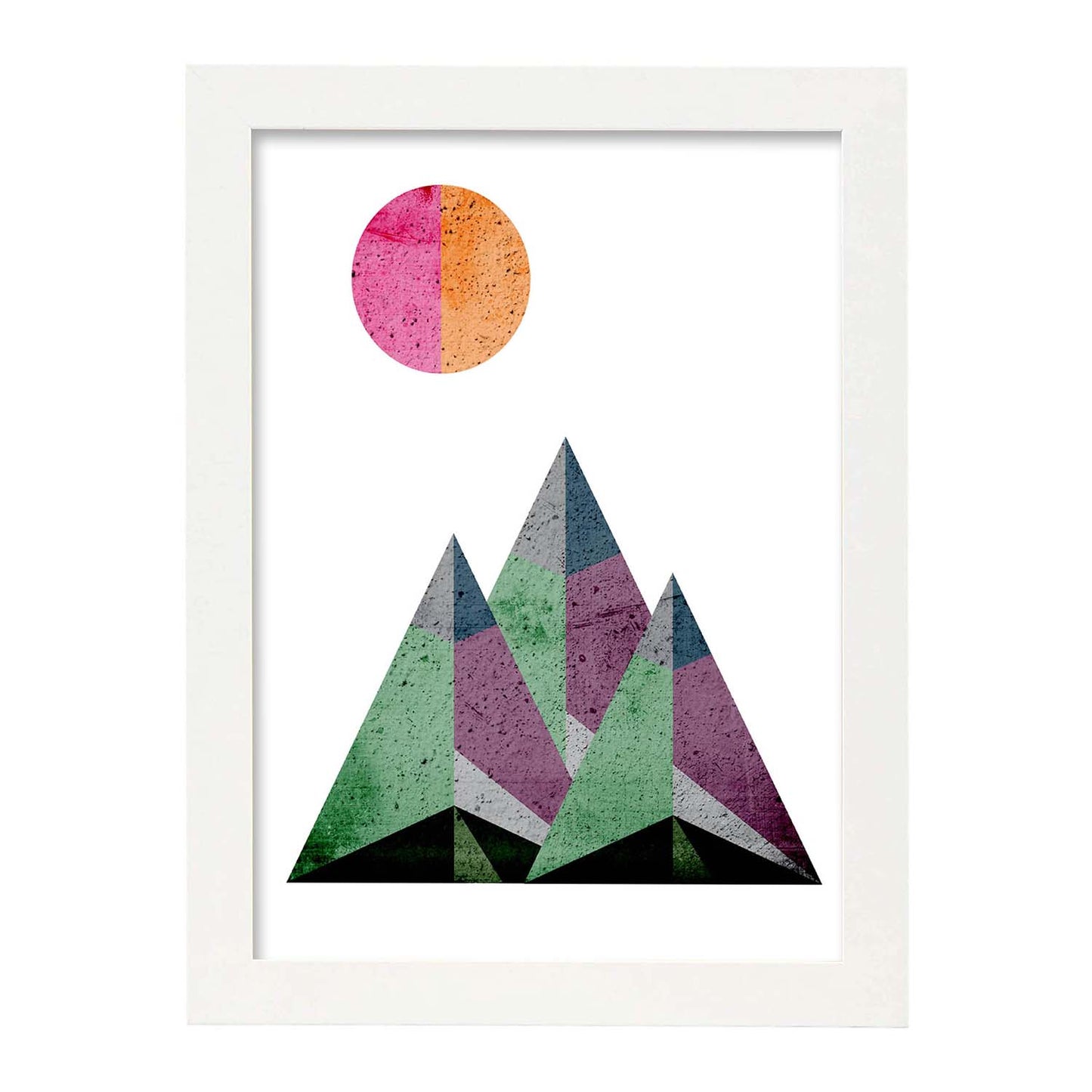 Poster con dibújo de montañas geométricas. Lámina Montañas y sol naciente, ilustrada con con formas y figuras llenas de color.-Artwork-Nacnic-A3-Marco Blanco-Nacnic Estudio SL