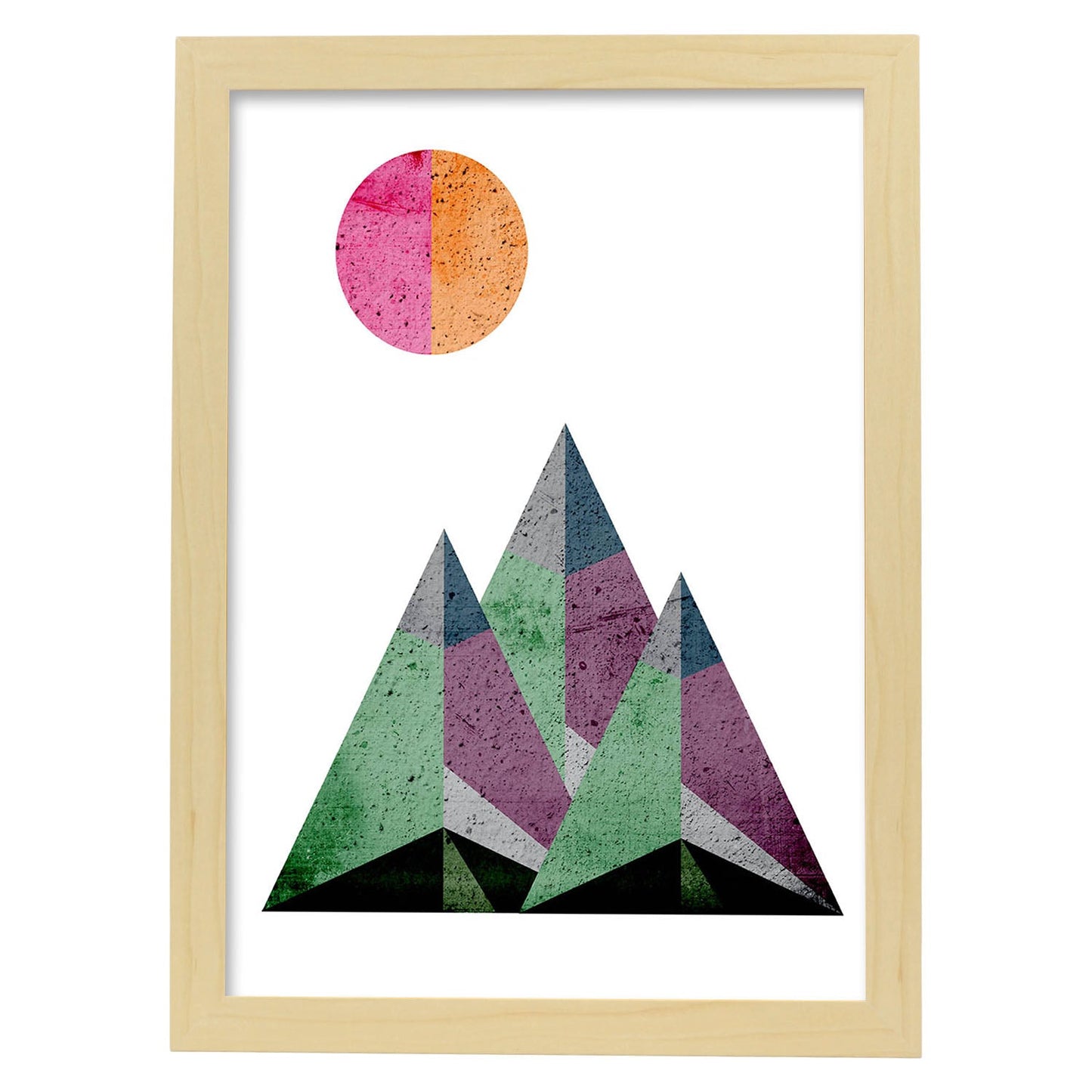Poster con dibújo de montañas geométricas. Lámina Montañas y sol naciente, ilustrada con con formas y figuras llenas de color.-Artwork-Nacnic-A3-Marco Madera clara-Nacnic Estudio SL