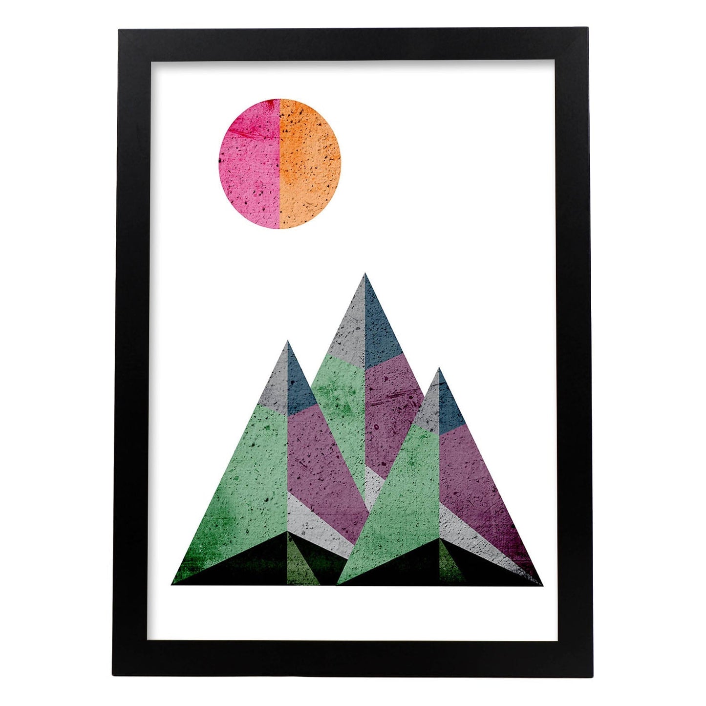Poster con dibújo de montañas geométricas. Lámina Montañas y sol naciente, ilustrada con con formas y figuras llenas de color.-Artwork-Nacnic-A3-Marco Negro-Nacnic Estudio SL
