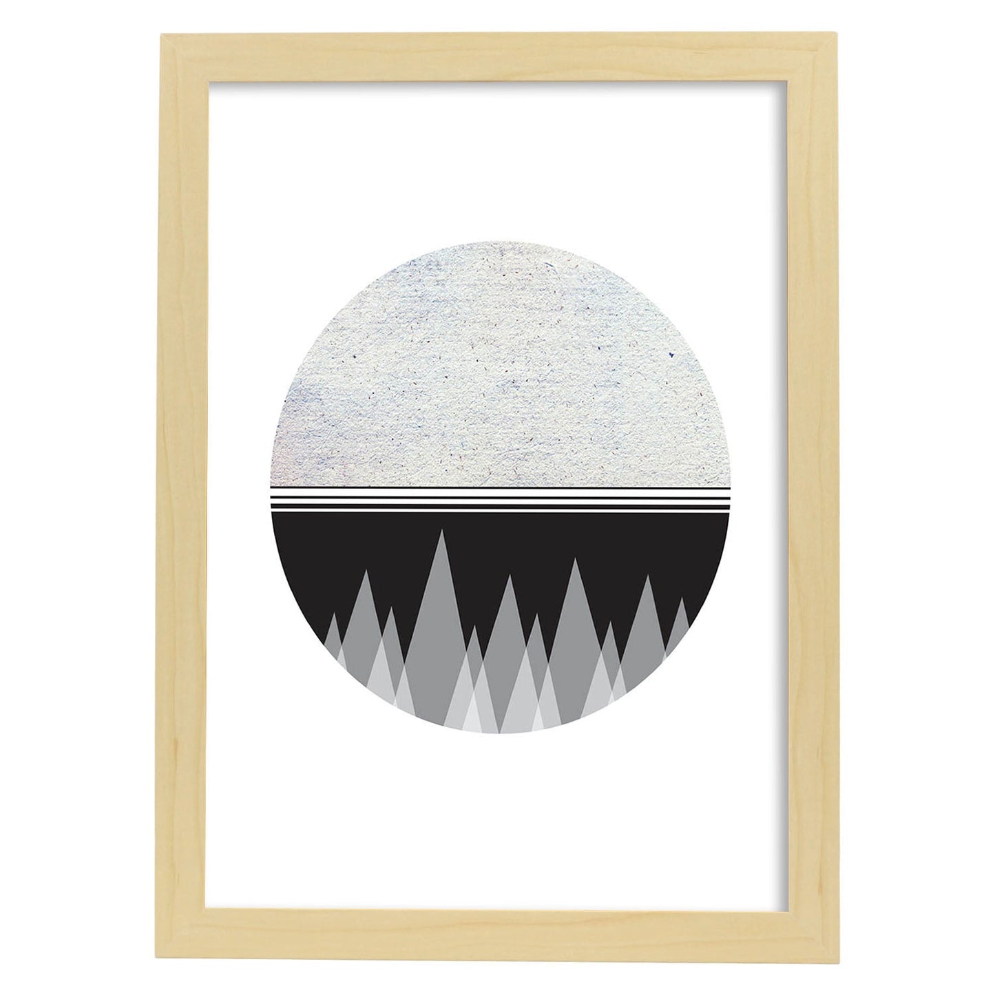 Poster con dibújo nórdico de círculos. Lámina Luna y montaña 2, ilustrada con con círculos y formas-Artwork-Nacnic-A3-Marco Madera clara-Nacnic Estudio SL