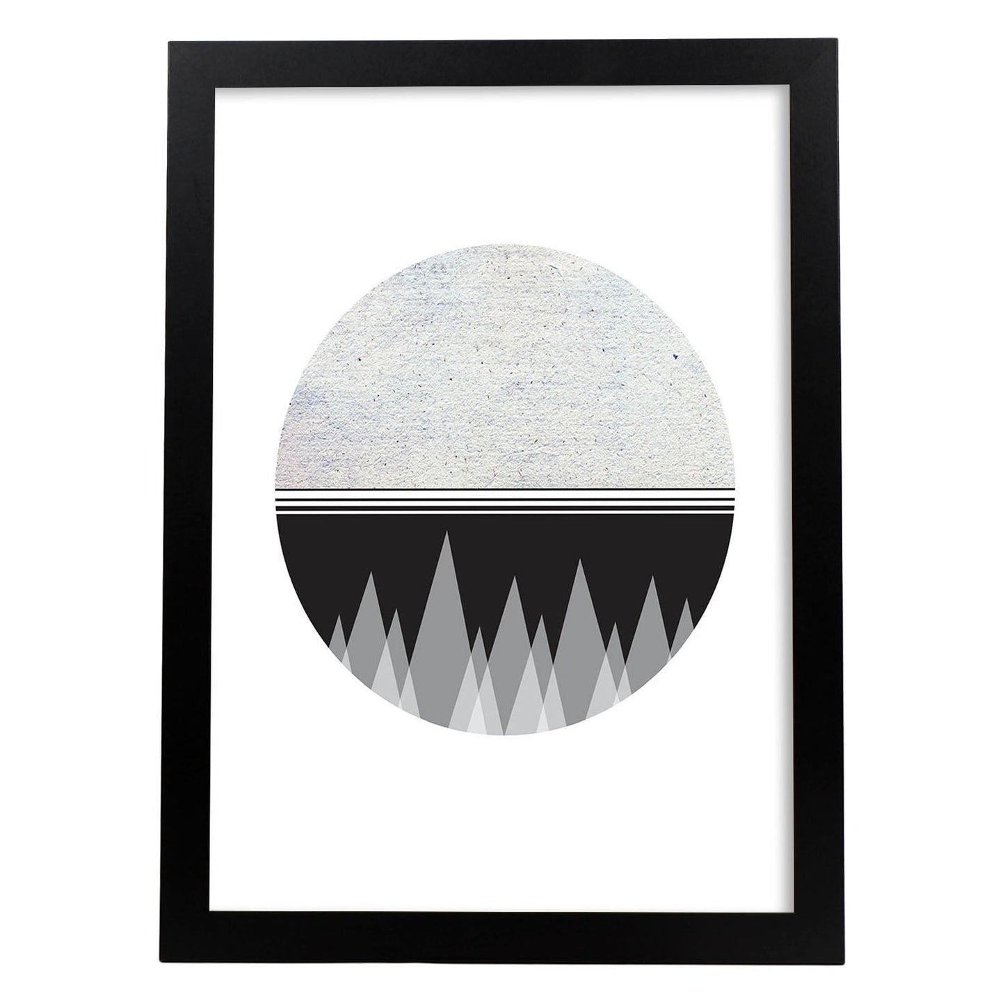 Poster con dibújo nórdico de círculos. Lámina Luna y montaña 2, ilustrada con con círculos y formas-Artwork-Nacnic-A3-Marco Negro-Nacnic Estudio SL