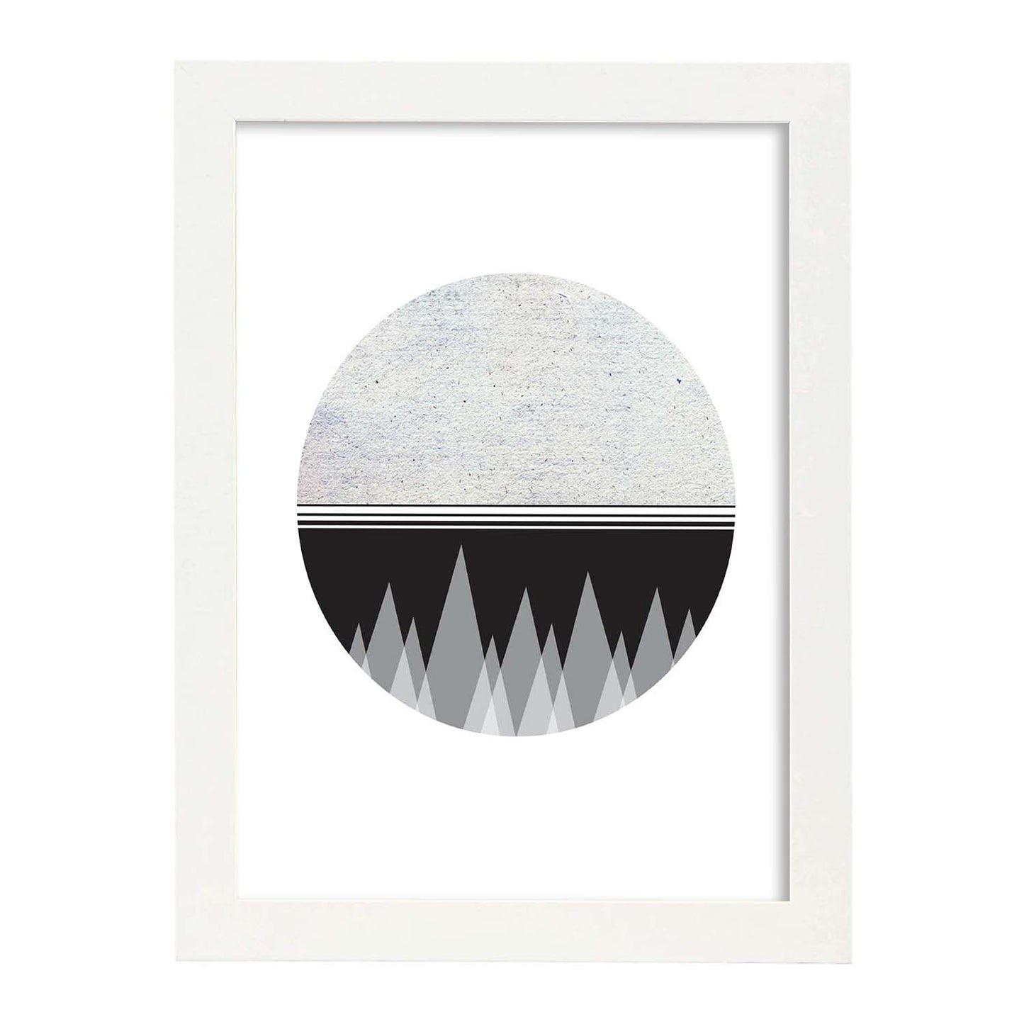 Poster con dibújo nórdico de círculos. Lámina Luna y montaña 2, ilustrada con con círculos y formas-Artwork-Nacnic-A4-Marco Blanco-Nacnic Estudio SL