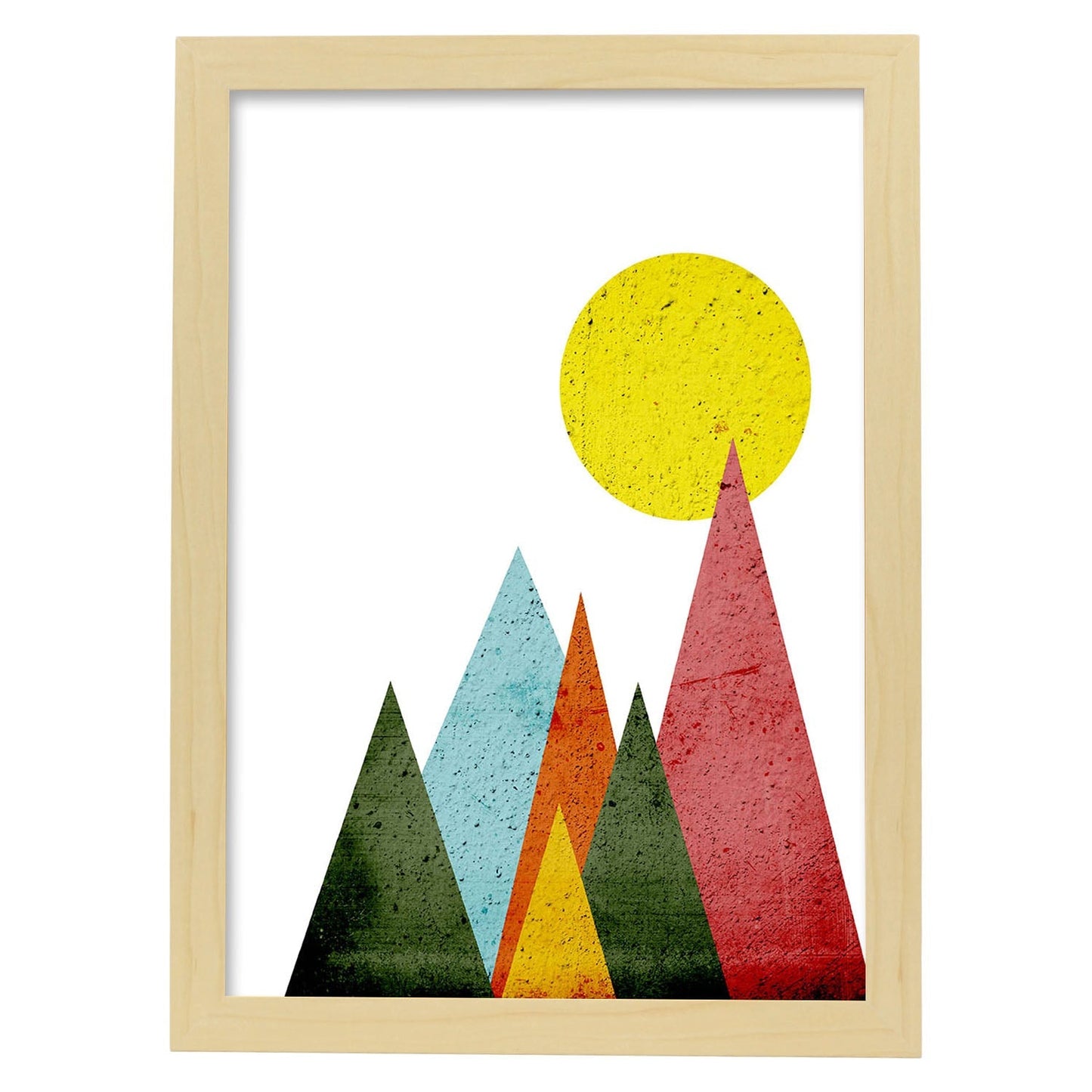 Poster con dibújo nórdico de círculos. Lámina Montañas al sol, ilustrada con con círculos y formas-Artwork-Nacnic-A3-Marco Madera clara-Nacnic Estudio SL