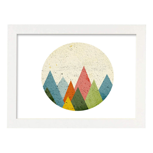Poster con dibújo nórdico de círculos. Lámina Montañas de dia, ilustrada con con círculos y formas-Artwork-Nacnic-A4-Marco Blanco-Nacnic Estudio SL