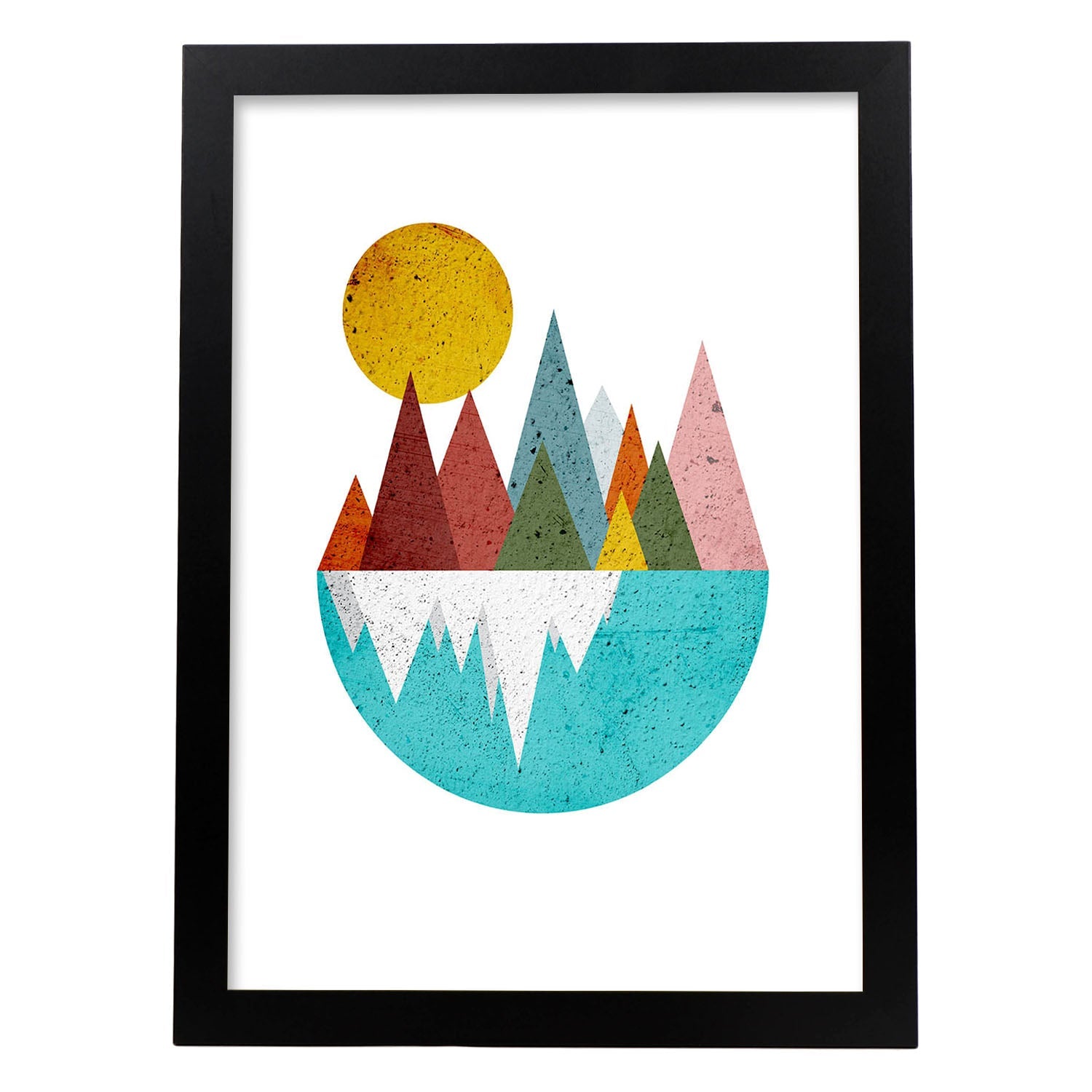 Poster con dibújo nórdico de círculos. Lámina Montañas en el lago dia, ilustrada con con círculos y formas-Artwork-Nacnic-A3-Marco Negro-Nacnic Estudio SL