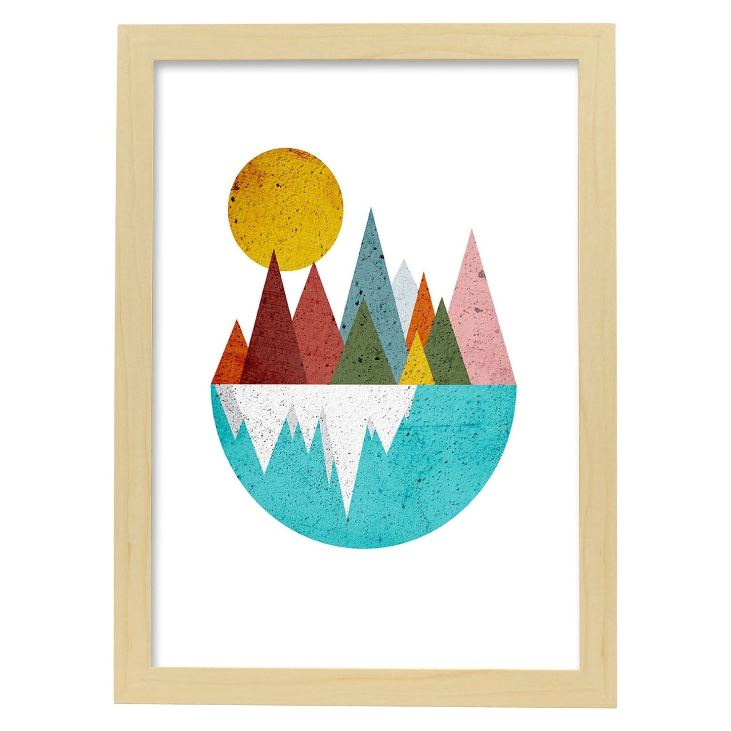Poster con dibújo nórdico de círculos. Lámina Montañas en el lago dia, ilustrada con con círculos y formas-Artwork-Nacnic-A4-Marco Madera clara-Nacnic Estudio SL