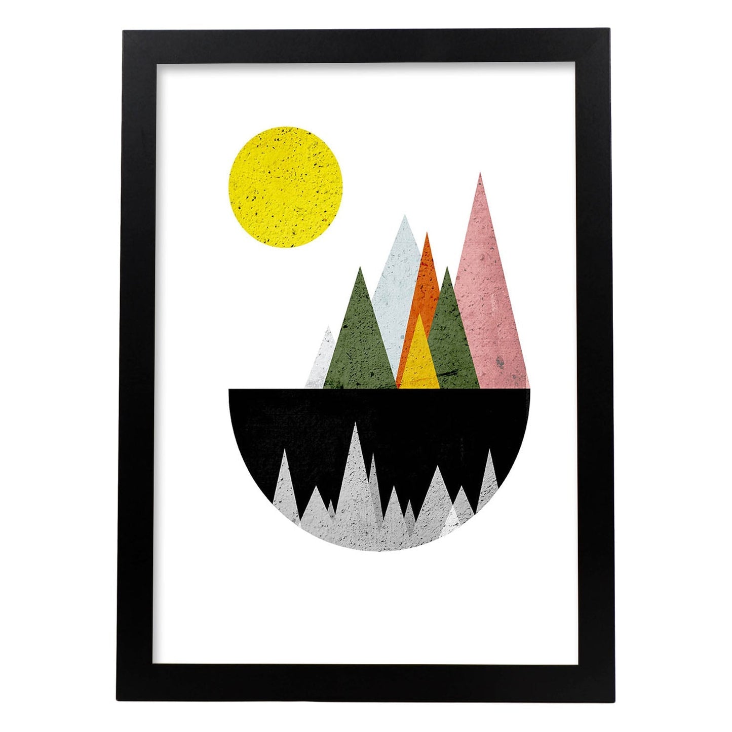 Poster con dibújo nórdico de círculos. Lámina Montañas en el lago noche, ilustrada con con círculos y formas-Artwork-Nacnic-A3-Marco Negro-Nacnic Estudio SL