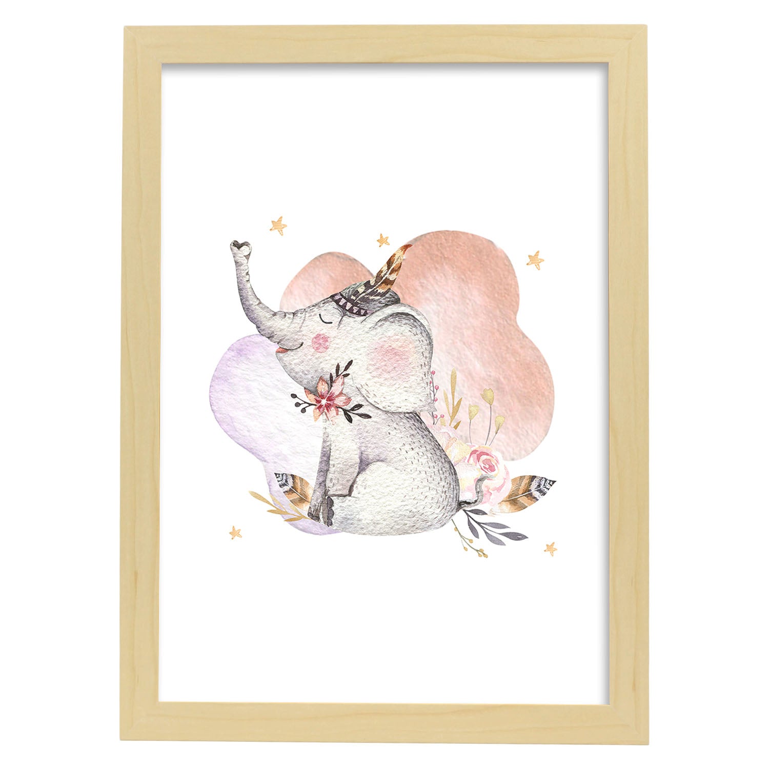 Poster con ilustración de Animal. Elefante con Hojas.-Artwork-Nacnic-A3-Marco Madera clara-Nacnic Estudio SL