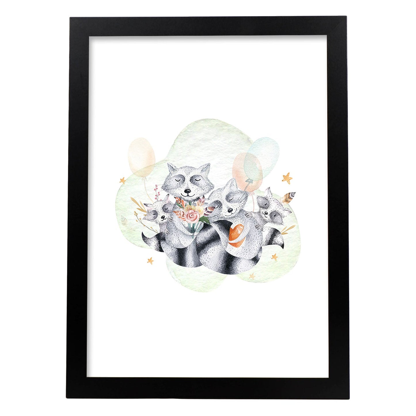 Poster con ilustración de Animal. Familia de mofetas.-Artwork-Nacnic-A4-Marco Negro-Nacnic Estudio SL