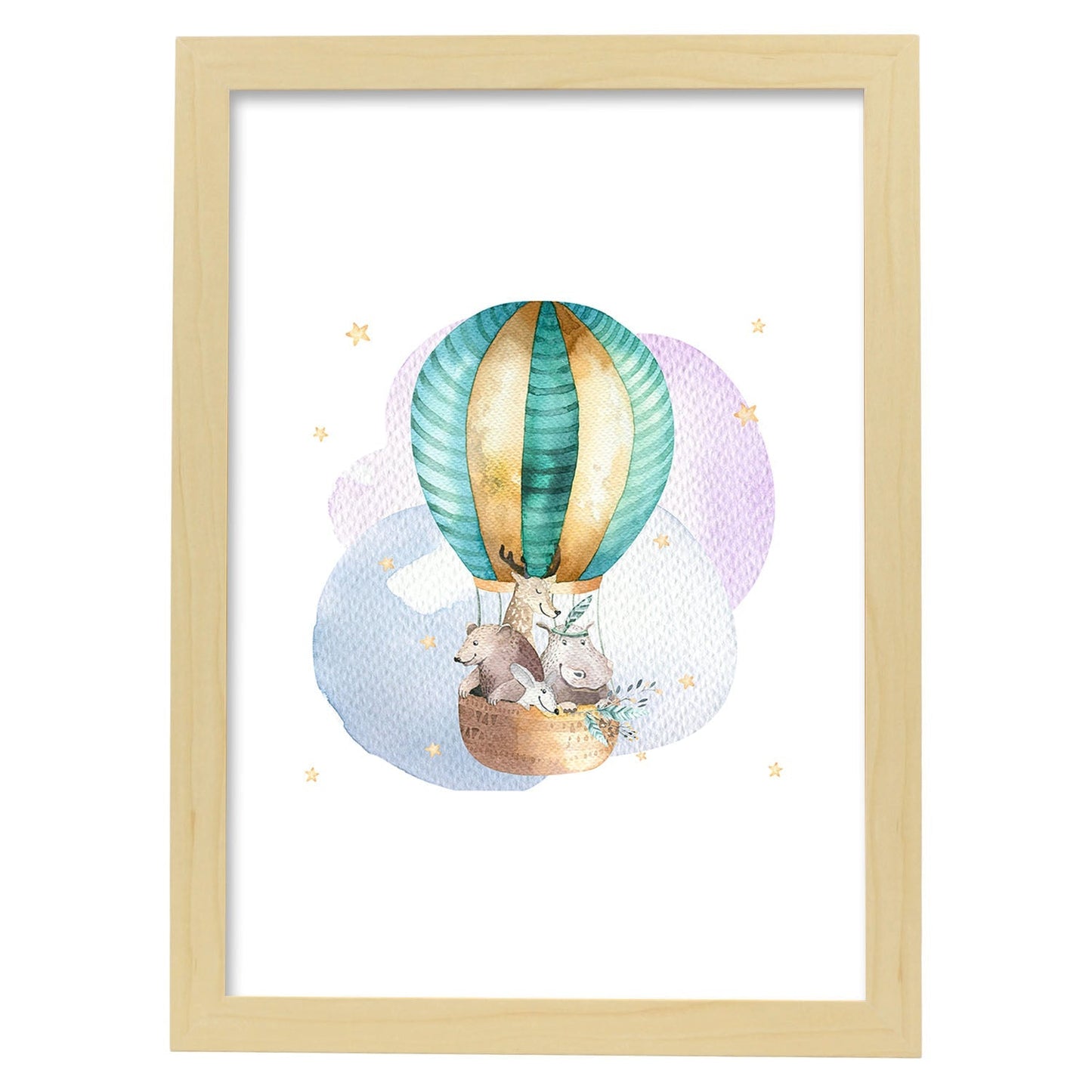 Poster con ilustración de Animal. Globo con Amigos.-Artwork-Nacnic-A4-Marco Madera clara-Nacnic Estudio SL