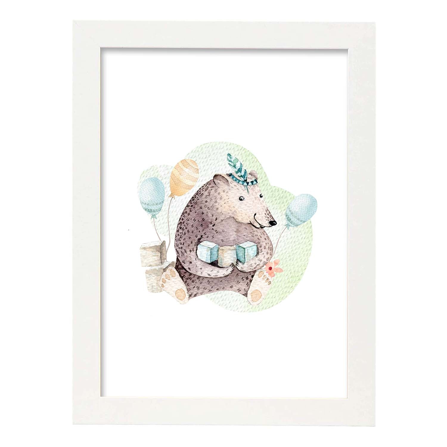 Poster con ilustración de Animal. Oso de cumpleaños.-Artwork-Nacnic-A3-Marco Blanco-Nacnic Estudio SL