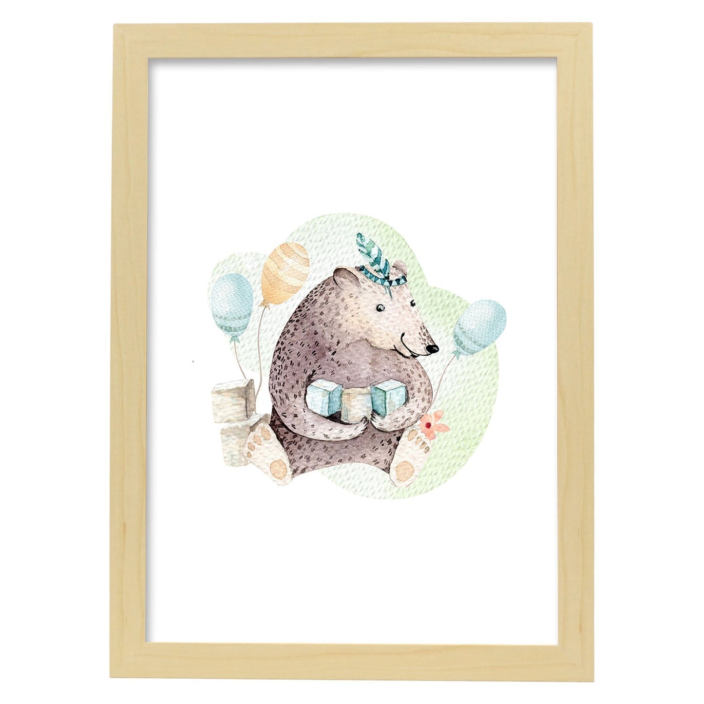 Poster con ilustración de Animal. Oso de cumpleaños.-Artwork-Nacnic-A3-Marco Madera clara-Nacnic Estudio SL