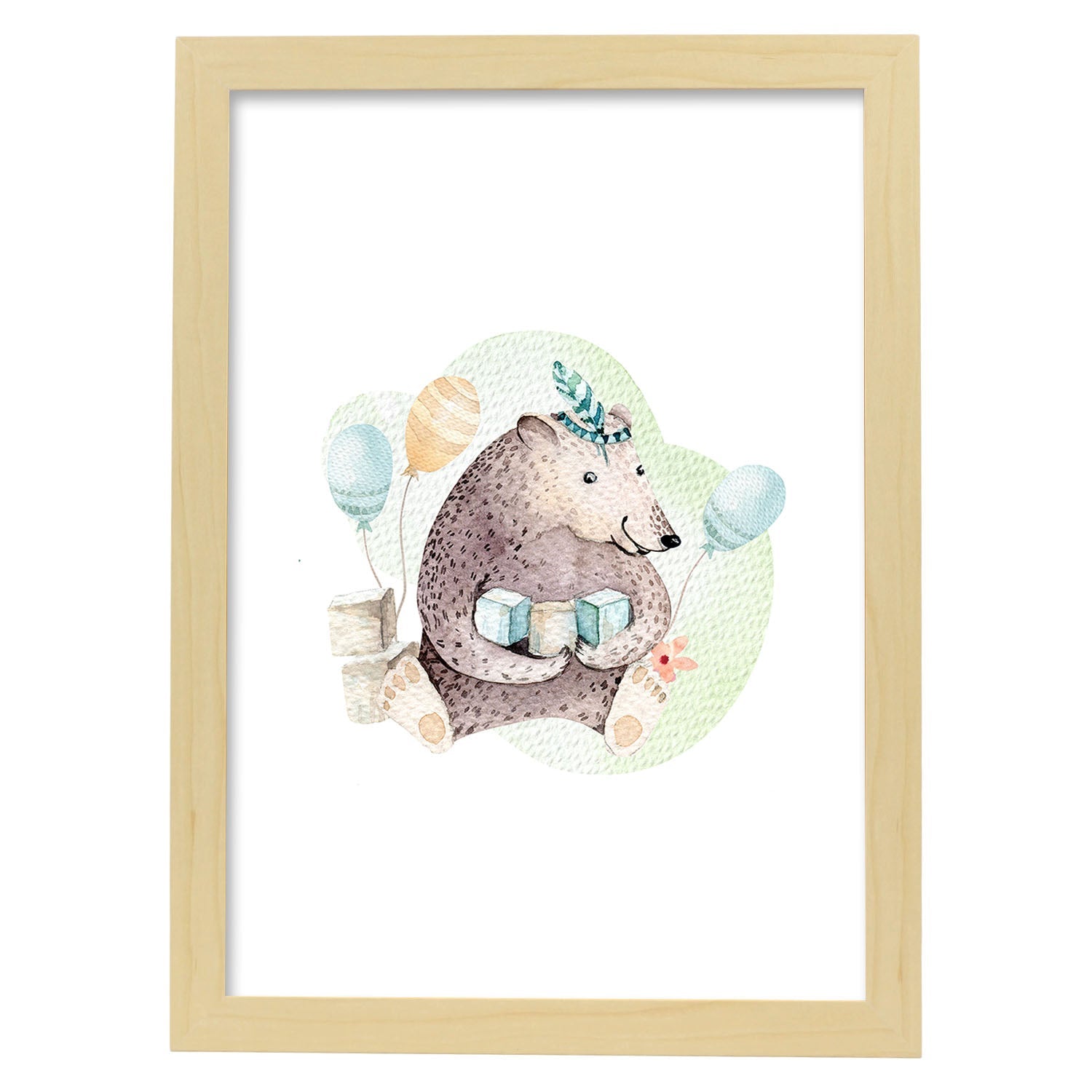 Poster con ilustración de Animal. Oso de cumpleaños.-Artwork-Nacnic-A4-Marco Madera clara-Nacnic Estudio SL