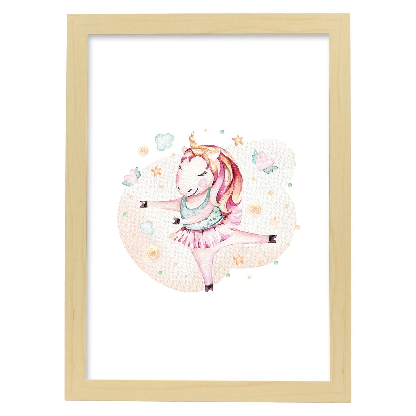 Poster con ilustración de Animal. Unicornio Bailando.-Artwork-Nacnic-A4-Marco Madera clara-Nacnic Estudio SL