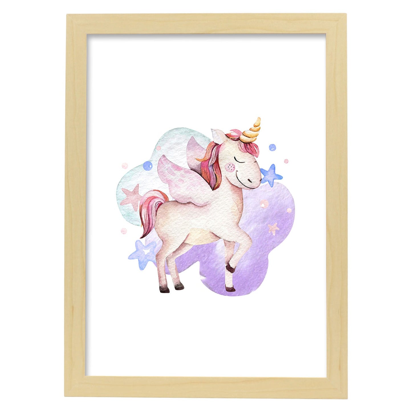 Poster con ilustración de Animal. Unicornio con Estrellas.-Artwork-Nacnic-A4-Marco Madera clara-Nacnic Estudio SL
