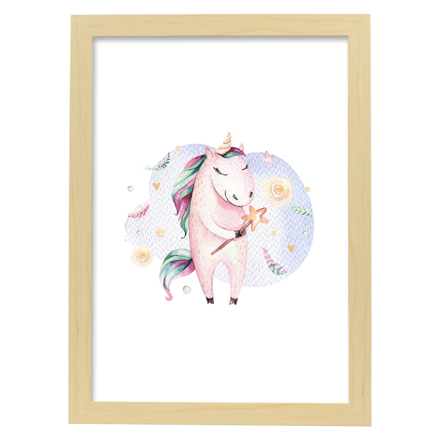 Poster con ilustración de Animal. Unicornio Feliz.-Artwork-Nacnic-A3-Marco Madera clara-Nacnic Estudio SL