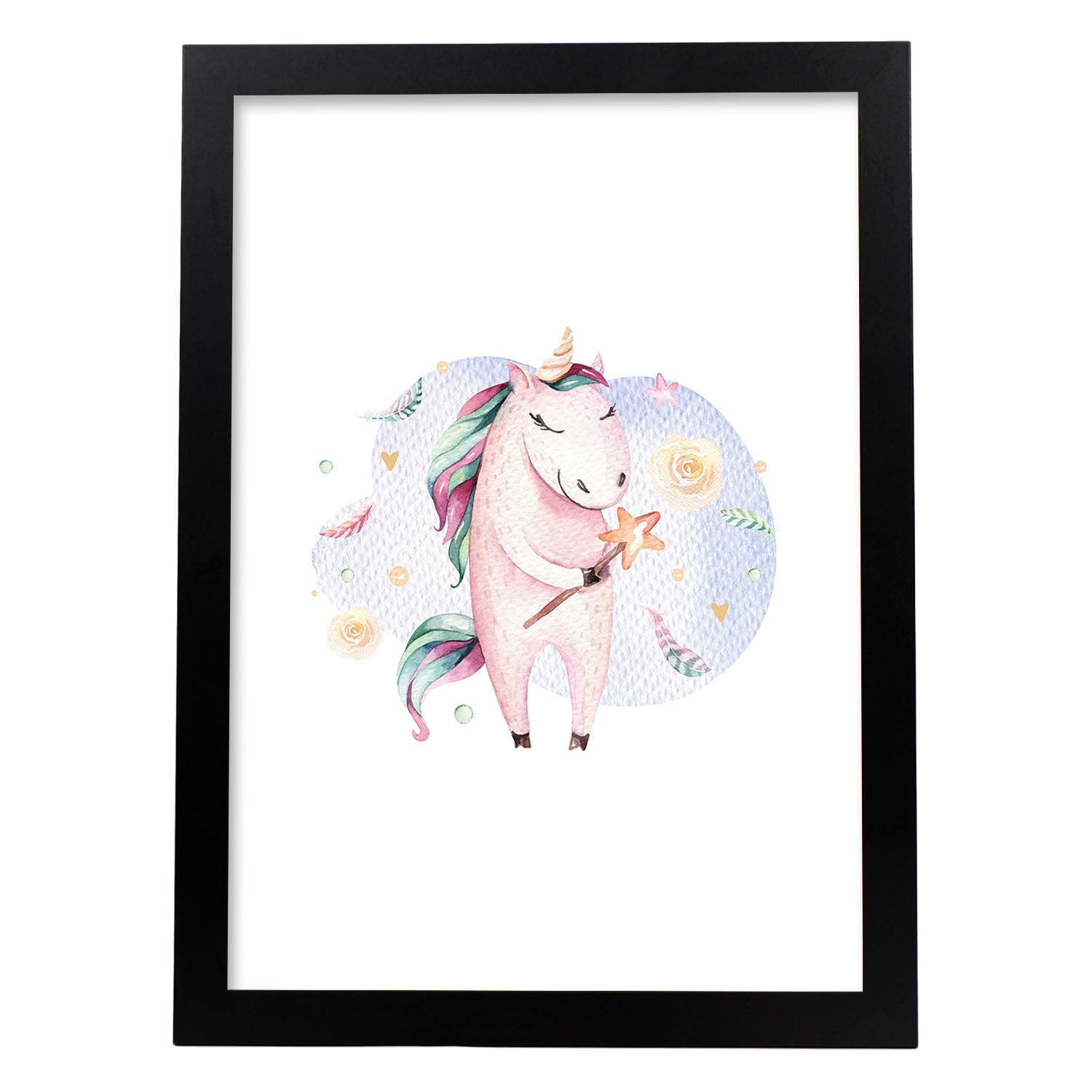 Poster con ilustración de Animal. Unicornio Feliz.-Artwork-Nacnic-A3-Marco Negro-Nacnic Estudio SL