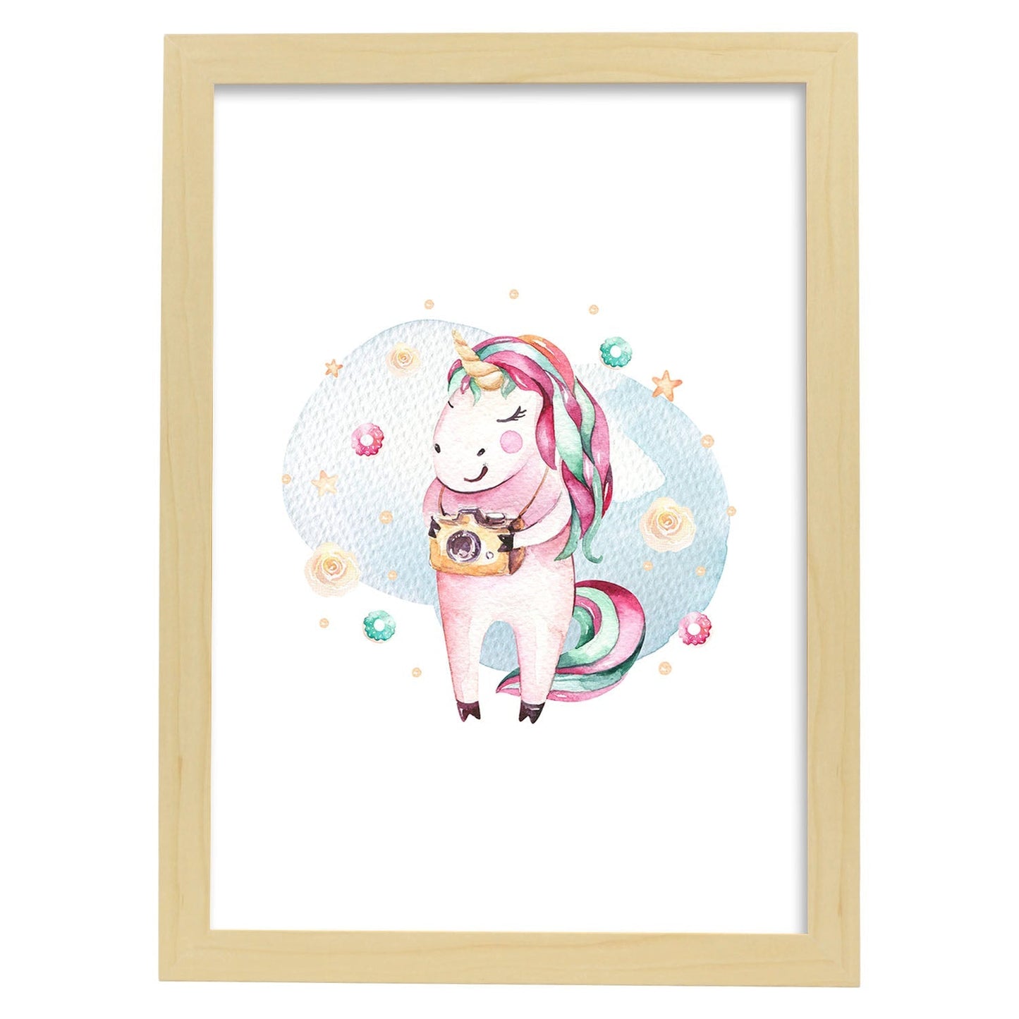 Poster con ilustración de Animal. Unicornio fotografo.-Artwork-Nacnic-A3-Marco Madera clara-Nacnic Estudio SL