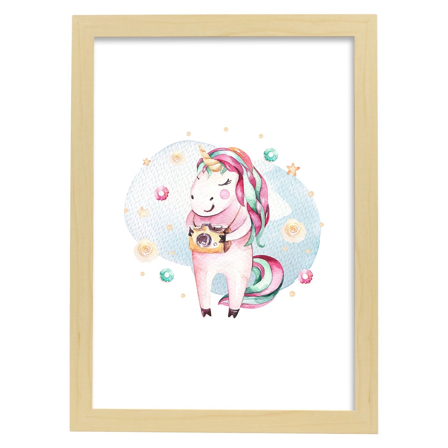 Poster con ilustración de Animal. Unicornio fotografo.-Artwork-Nacnic-A3-Marco Madera clara-Nacnic Estudio SL