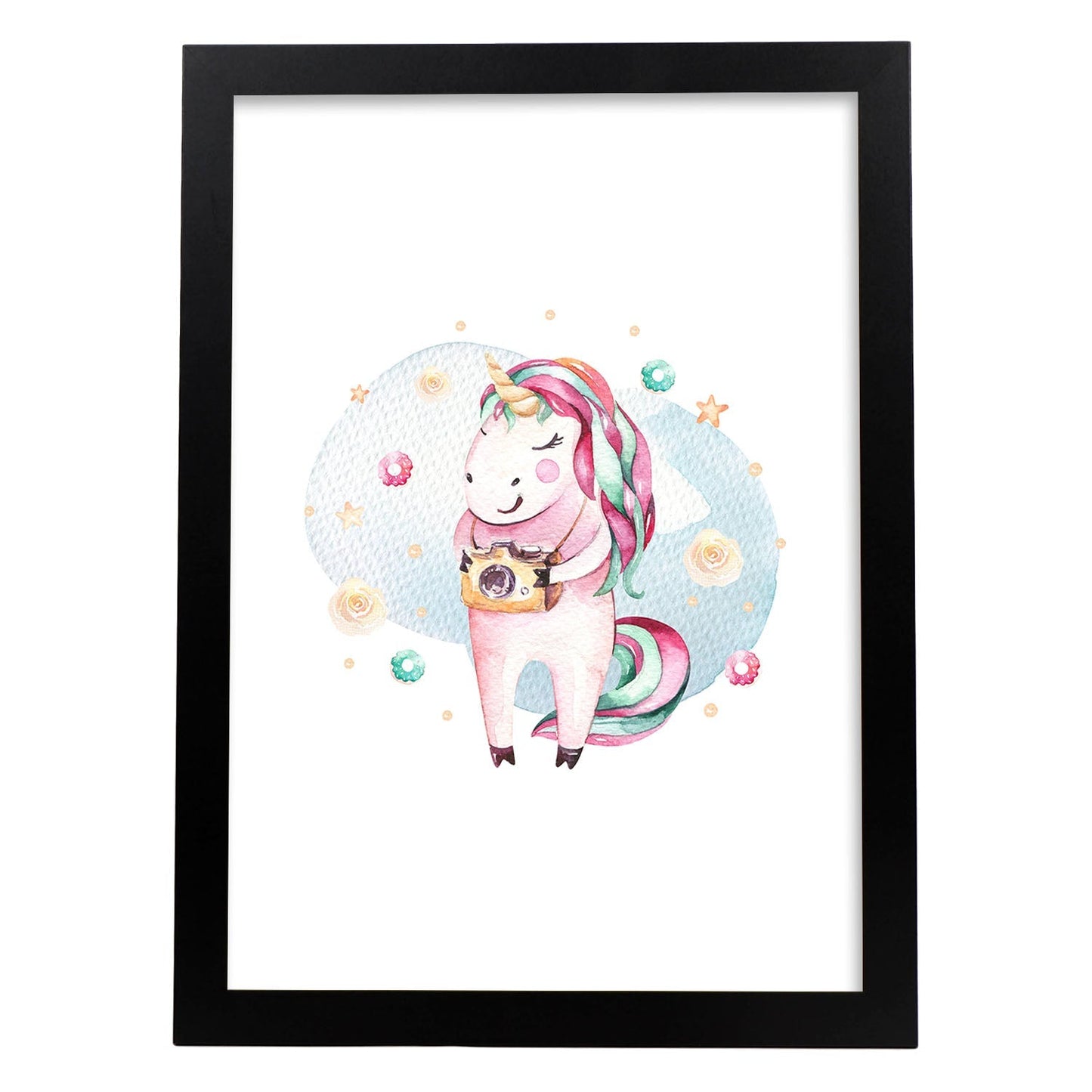Poster con ilustración de Animal. Unicornio fotografo.-Artwork-Nacnic-A3-Marco Negro-Nacnic Estudio SL
