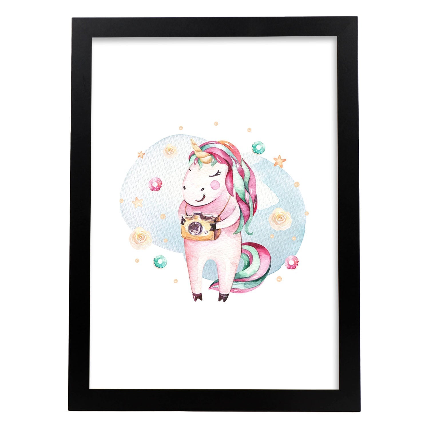 Poster con ilustración de Animal. Unicornio fotografo.-Artwork-Nacnic-A3-Marco Negro-Nacnic Estudio SL