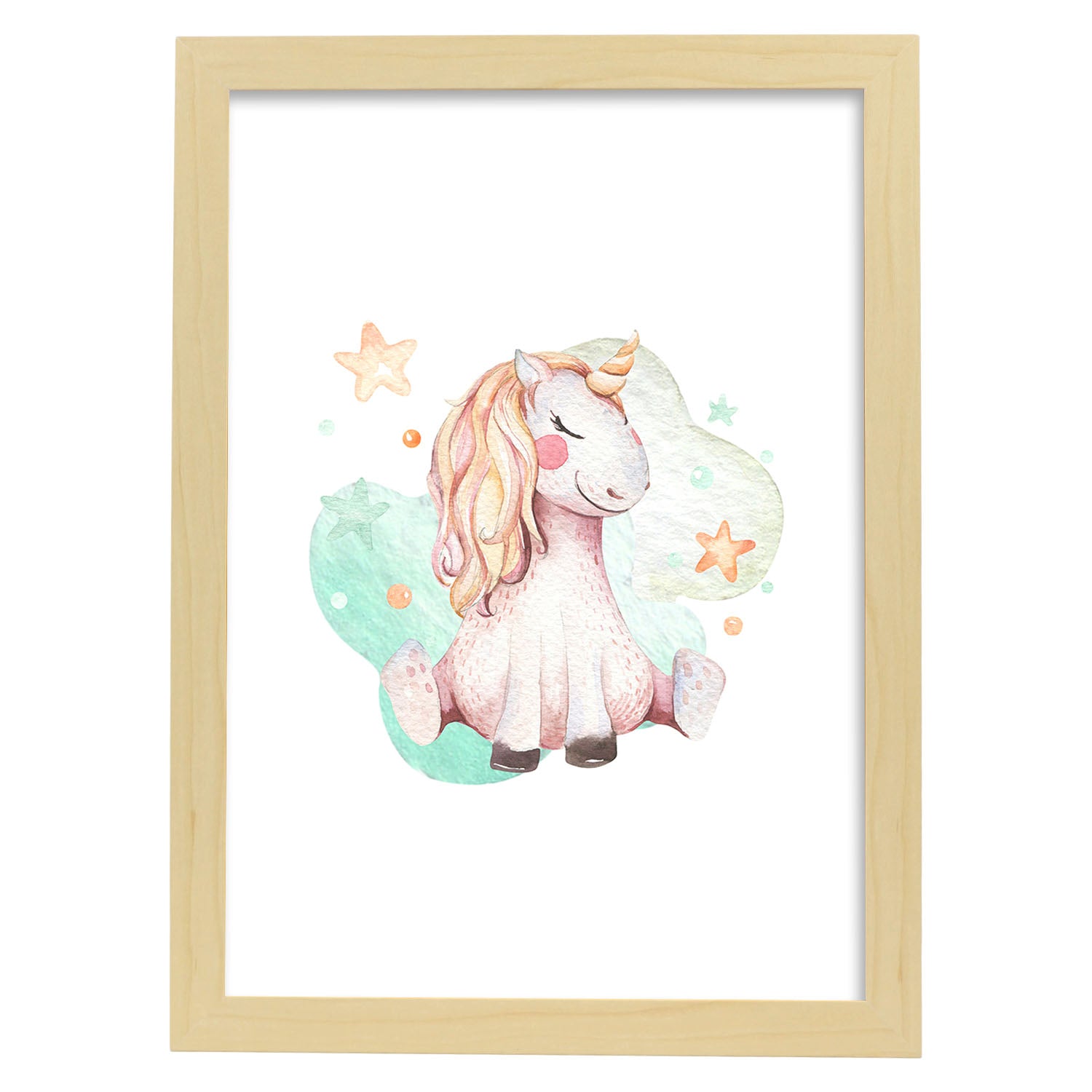 Poster con ilustración de Animal. Unicornio Sentado.-Artwork-Nacnic-A4-Marco Madera clara-Nacnic Estudio SL