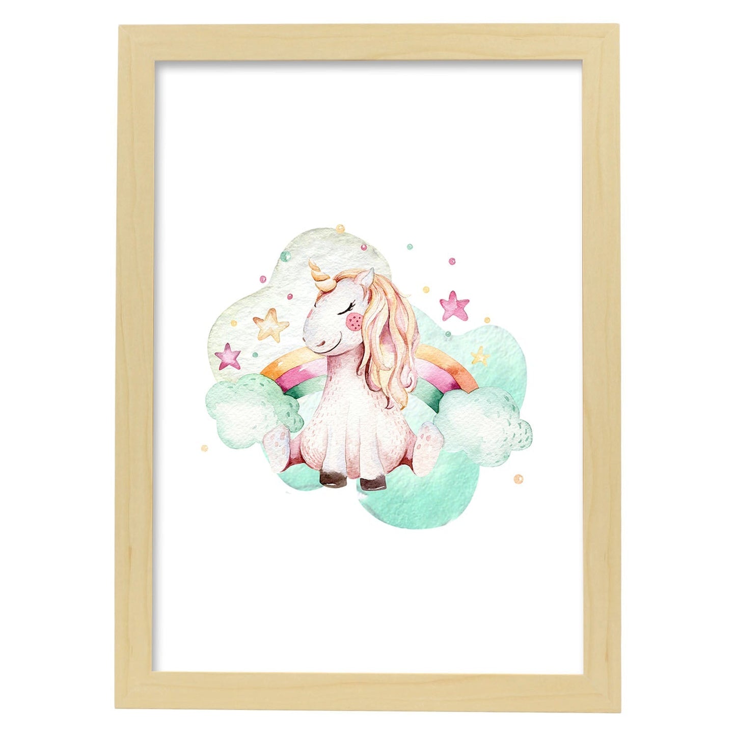 Poster con ilustración de Animal. Unicornio y Arcoiris.-Artwork-Nacnic-A3-Marco Madera clara-Nacnic Estudio SL