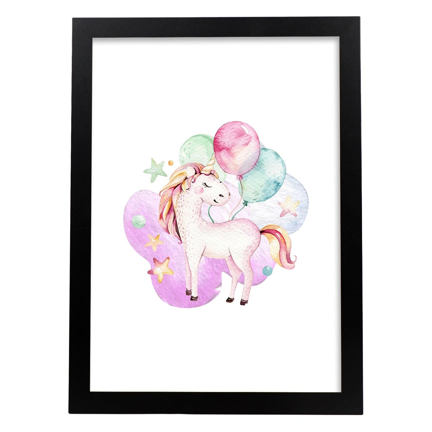Poster con ilustración de Animal. Unicornio y Globos.-Artwork-Nacnic-A4-Marco Negro-Nacnic Estudio SL