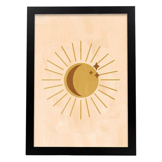 Poster con imágenes abstractas de soles y lunas. Lámina con cuerpos celestiales en tonos marrones. 'Celestial 1-Artwork-Nacnic-A4-Marco Negro-Nacnic Estudio SL