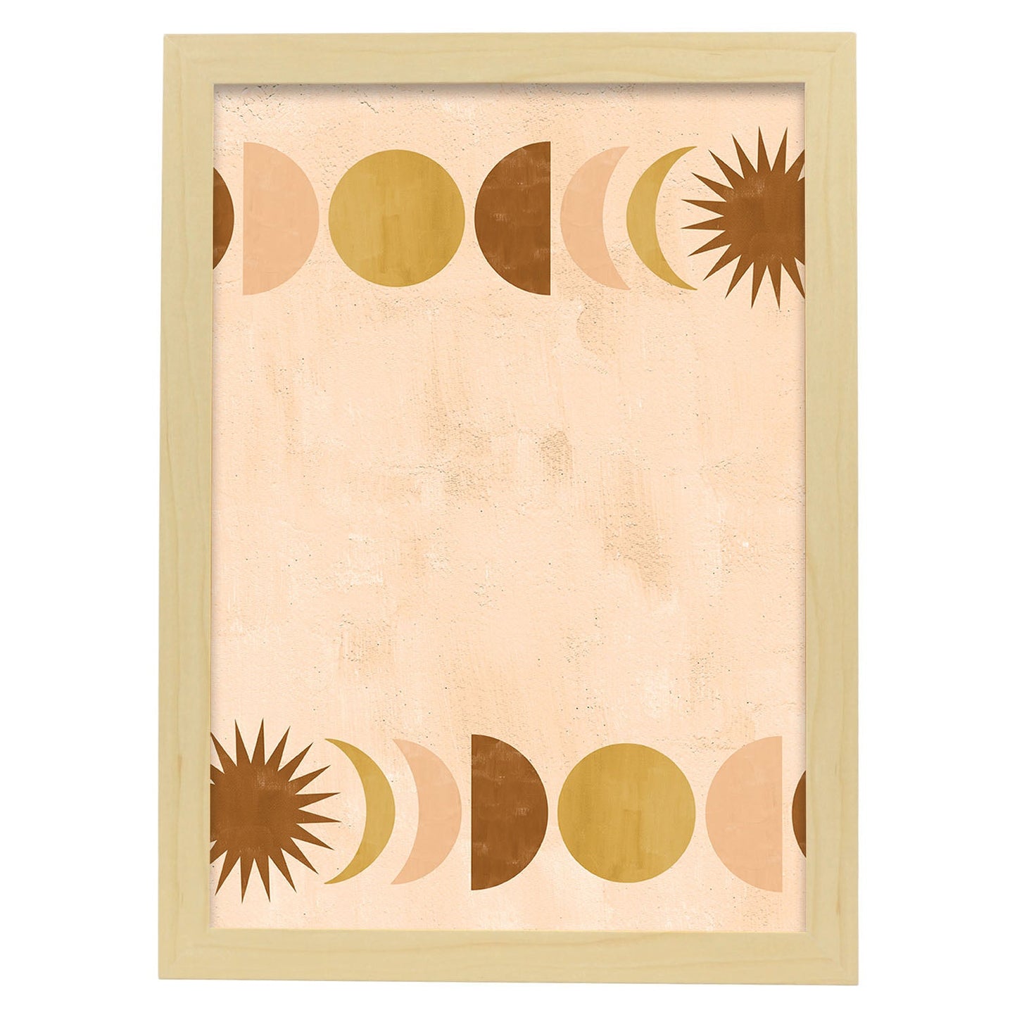 Poster con imágenes abstractas de soles y lunas. Lámina con cuerpos celestiales en tonos marrones. 'Celestial 10-Artwork-Nacnic-A3-Marco Madera clara-Nacnic Estudio SL
