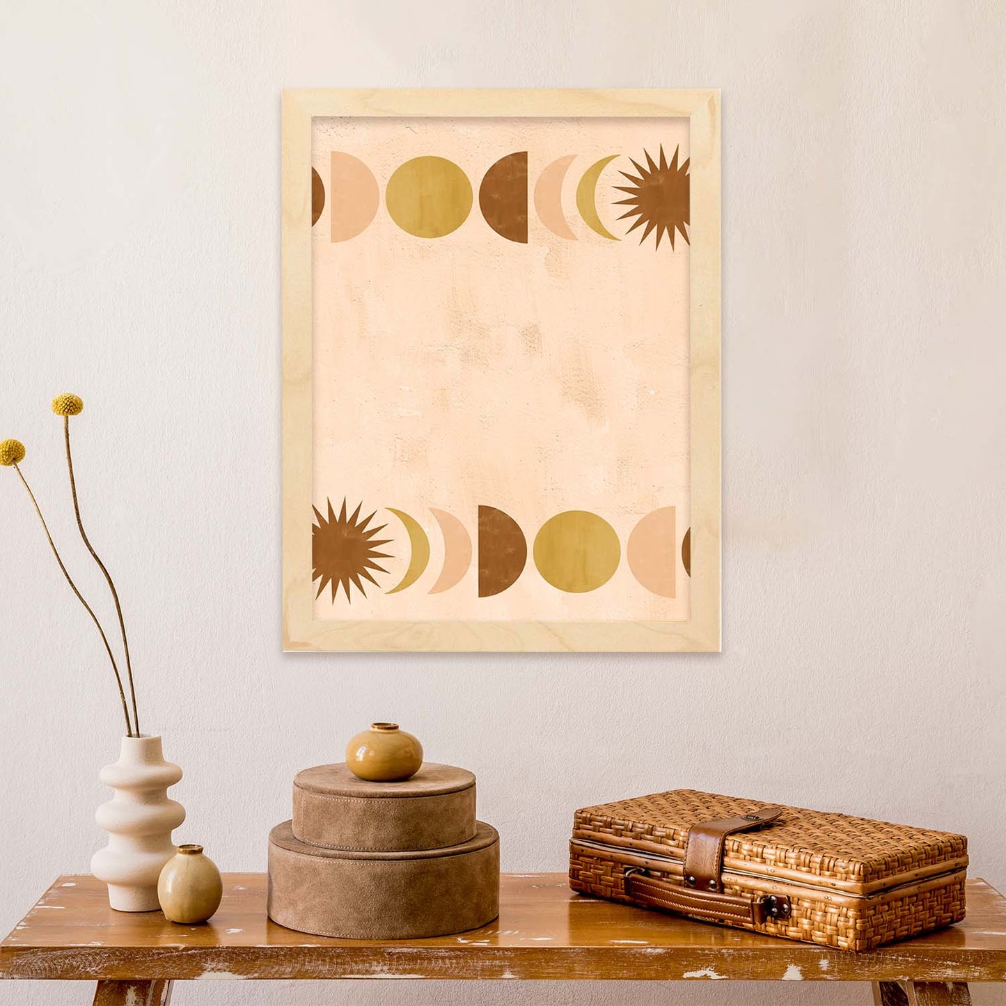 Poster con imágenes abstractas de soles y lunas. Lámina con cuerpos celestiales en tonos marrones. 'Celestial 10-Artwork-Nacnic-Nacnic Estudio SL