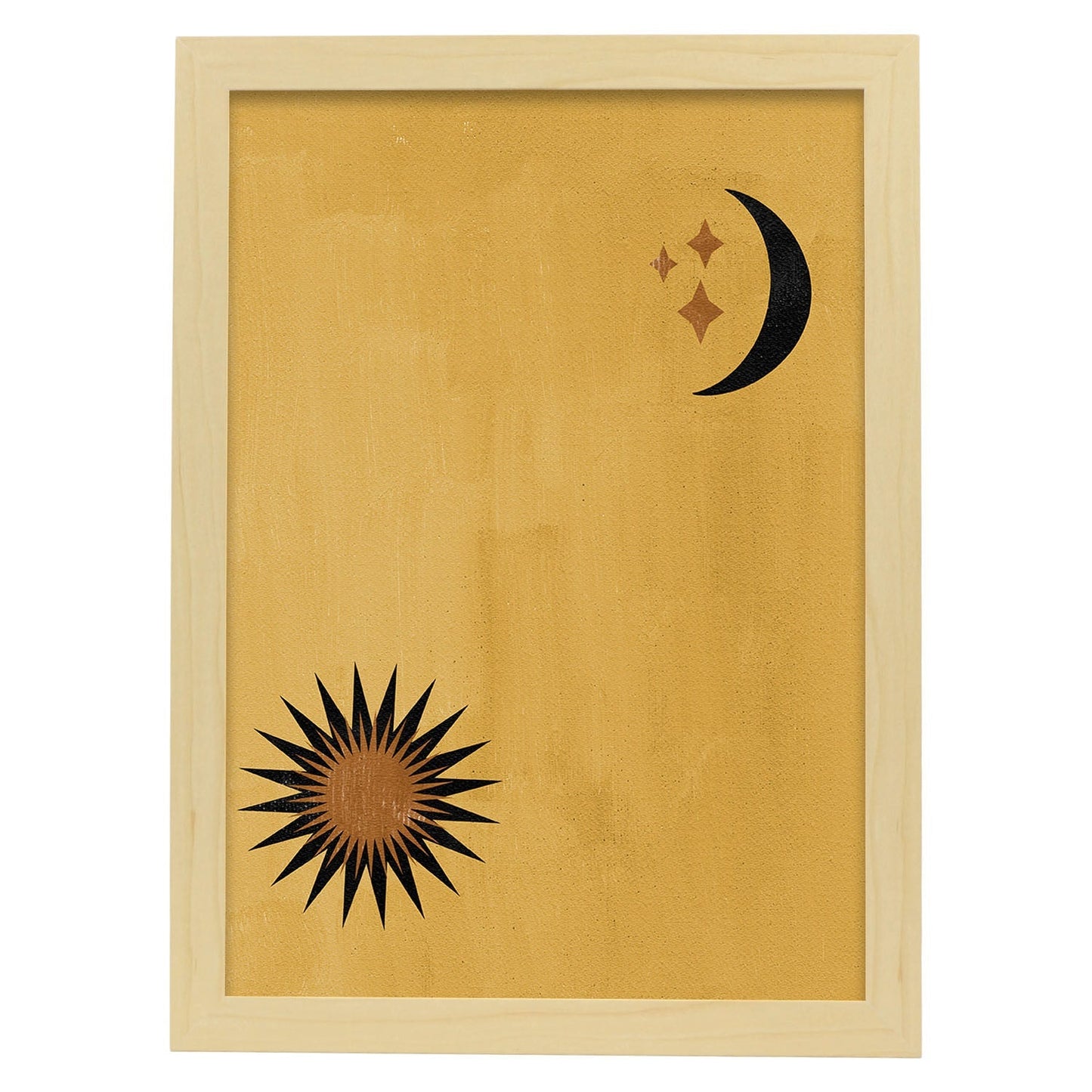 Poster con imágenes abstractas de soles y lunas. Lámina con cuerpos celestiales en tonos marrones. 'Celestial 11-Artwork-Nacnic-A4-Marco Madera clara-Nacnic Estudio SL