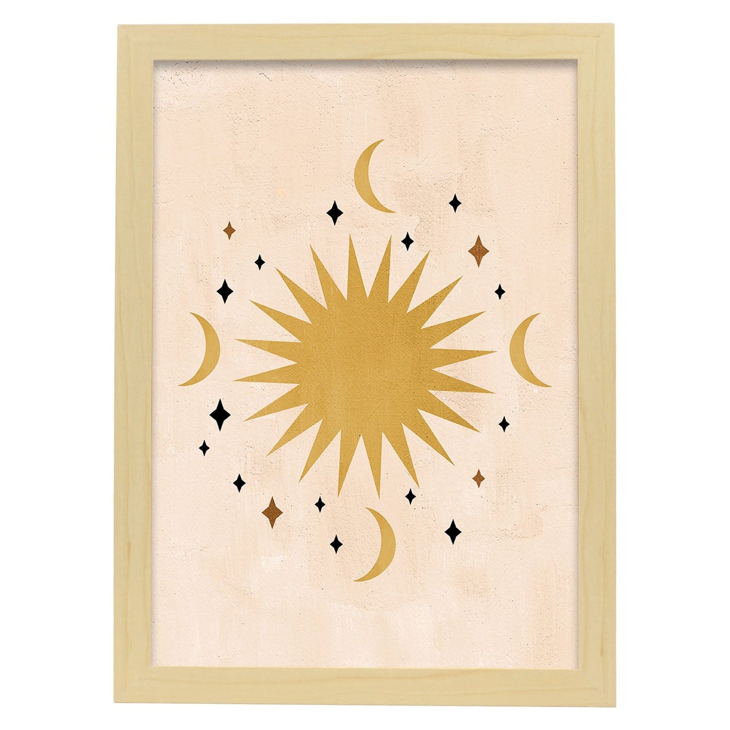 Poster con imágenes abstractas de soles y lunas. Lámina con cuerpos celestiales en tonos marrones. 'Celestial 12-Artwork-Nacnic-A3-Marco Madera clara-Nacnic Estudio SL