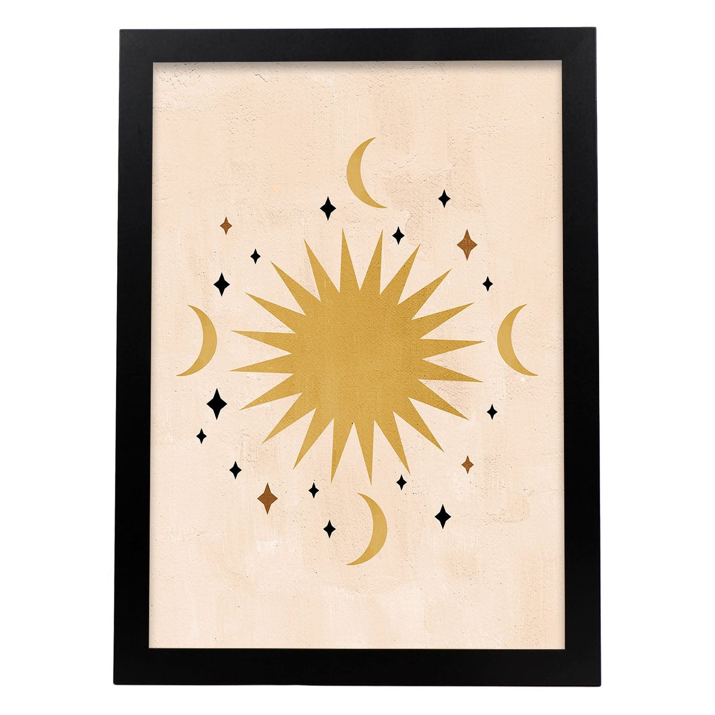 Poster con imágenes abstractas de soles y lunas. Lámina con cuerpos celestiales en tonos marrones. 'Celestial 12-Artwork-Nacnic-A4-Marco Negro-Nacnic Estudio SL