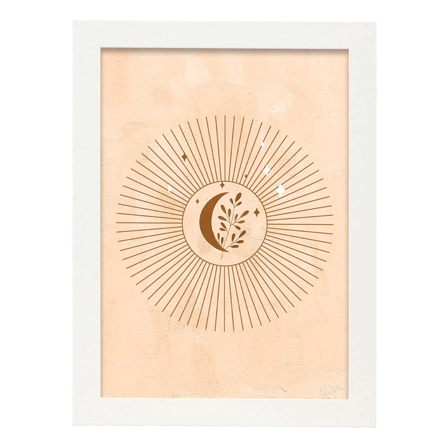 Poster con imágenes abstractas de soles y lunas. Lámina con cuerpos celestiales en tonos marrones. 'Celestial 13-Artwork-Nacnic-A4-Marco Blanco-Nacnic Estudio SL