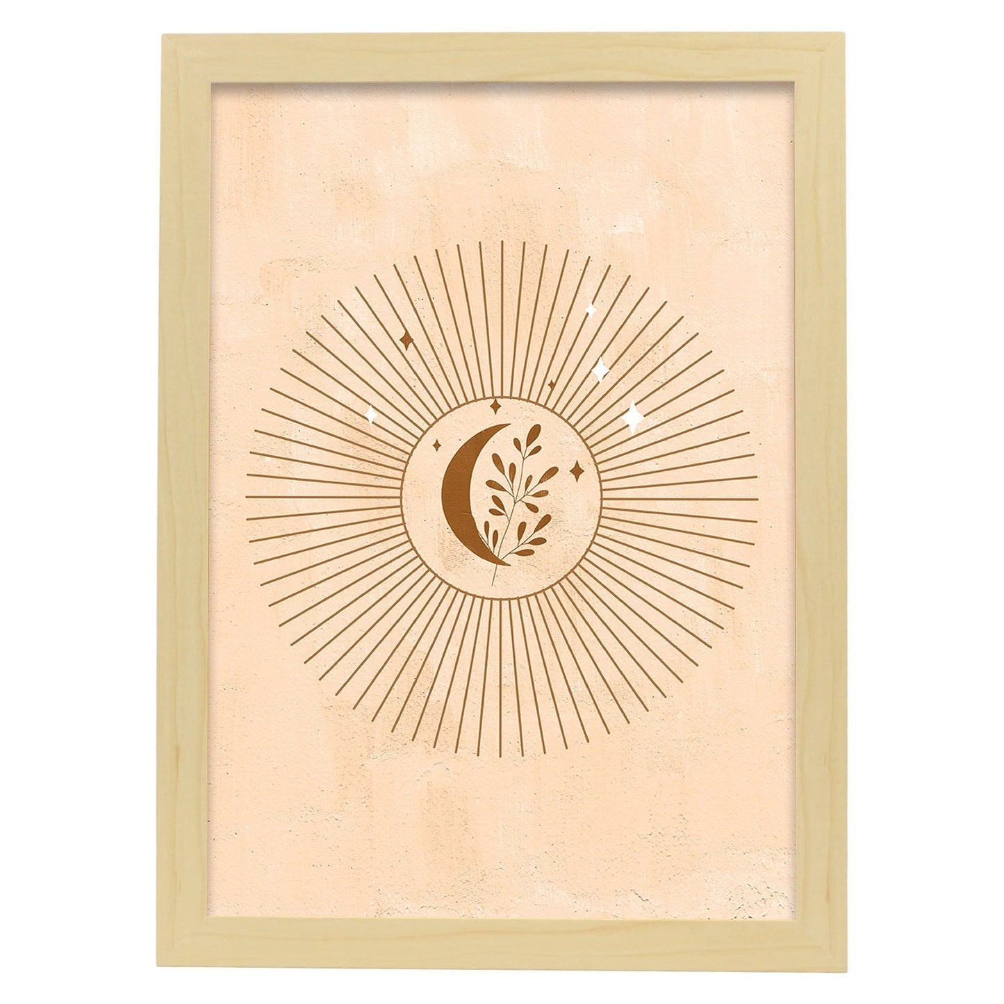 Poster con imágenes abstractas de soles y lunas. Lámina con cuerpos celestiales en tonos marrones. 'Celestial 13-Artwork-Nacnic-A4-Marco Madera clara-Nacnic Estudio SL