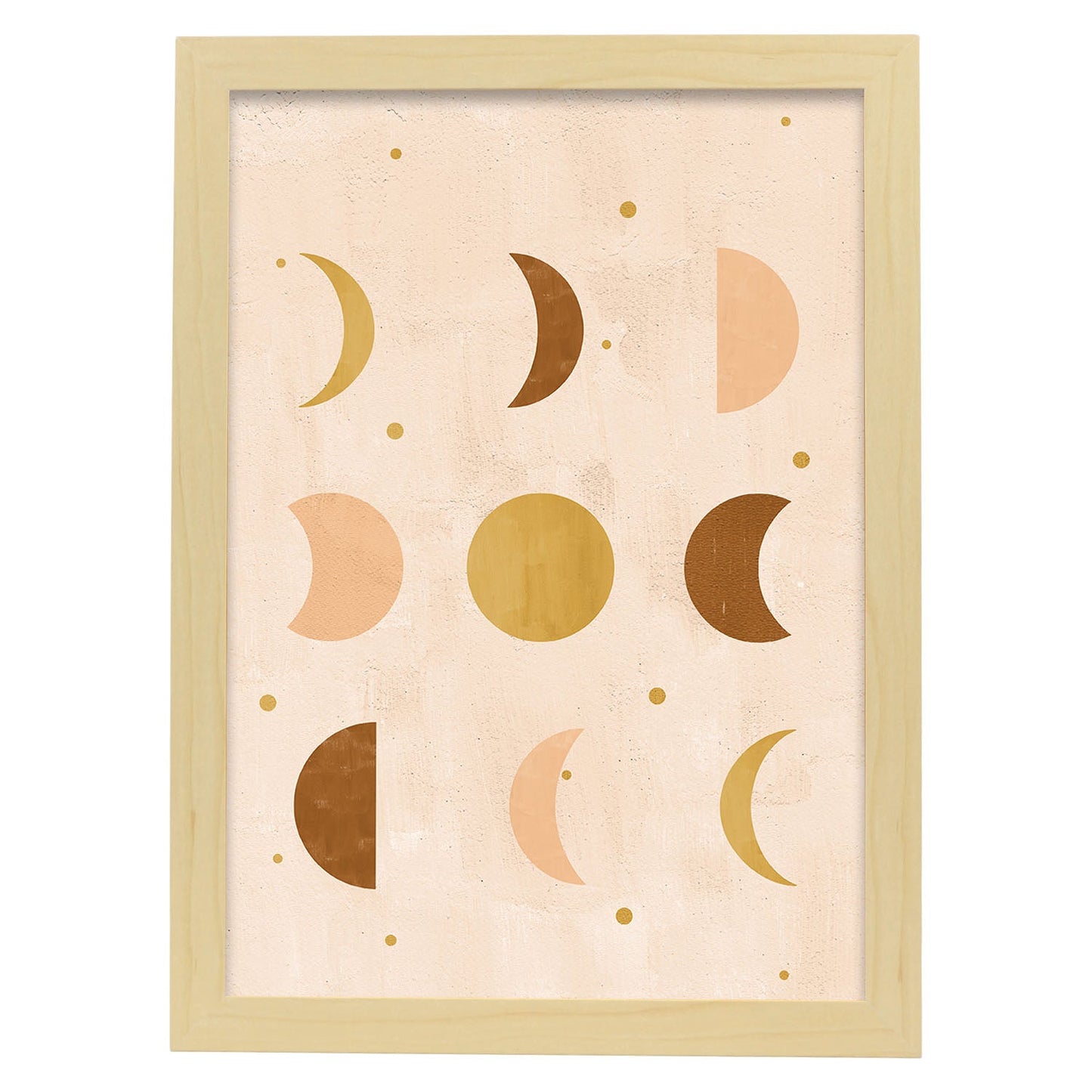 Poster con imágenes abstractas de soles y lunas. Lámina con cuerpos celestiales en tonos marrones. 'Celestial 6-Artwork-Nacnic-A4-Marco Madera clara-Nacnic Estudio SL