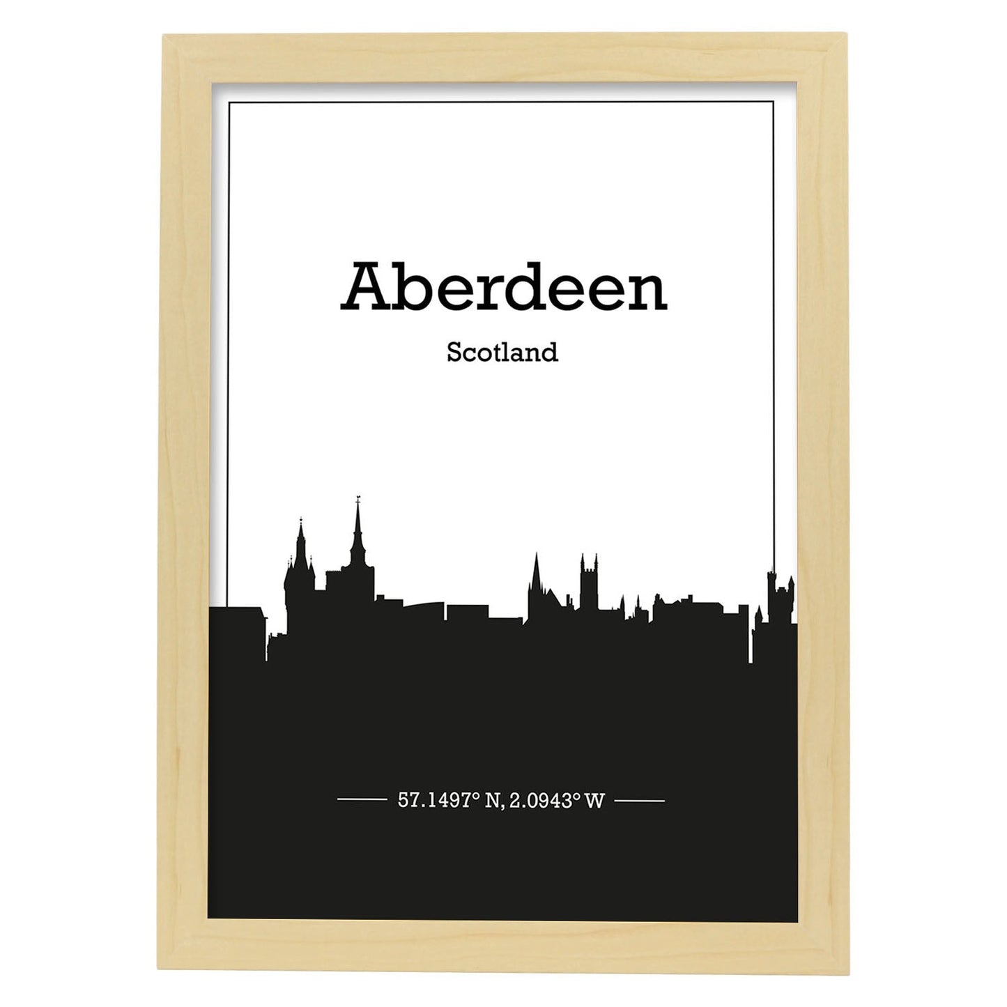 Poster con mapa de Aberdeen - Escocia. Láminas con Skyline de ciudades de Inglaterra e Irlanda con sombra negra.-Artwork-Nacnic-A4-Marco Madera clara-Nacnic Estudio SL