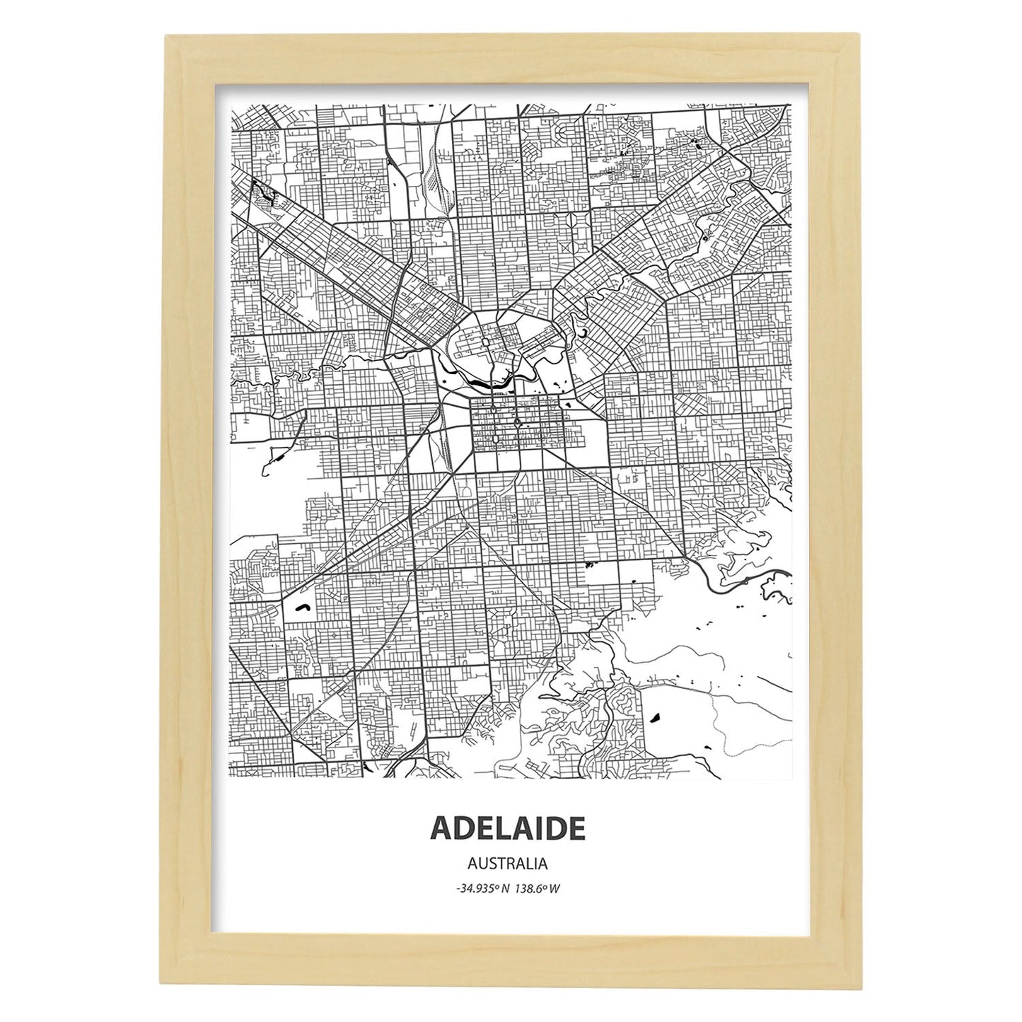 Poster con mapa de Adelaide - Australia. Láminas de ciudades de Australia con mares y ríos en color negro.-Artwork-Nacnic-A4-Marco Madera clara-Nacnic Estudio SL