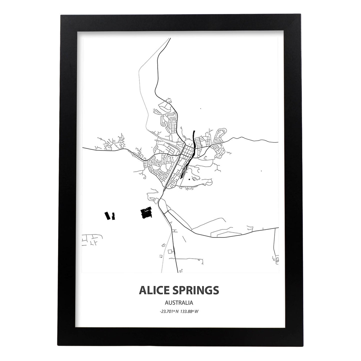 Poster con mapa de Alice Springs - Australia. Láminas de ciudades de Australia con mares y ríos en color negro.-Artwork-Nacnic-A4-Marco Negro-Nacnic Estudio SL
