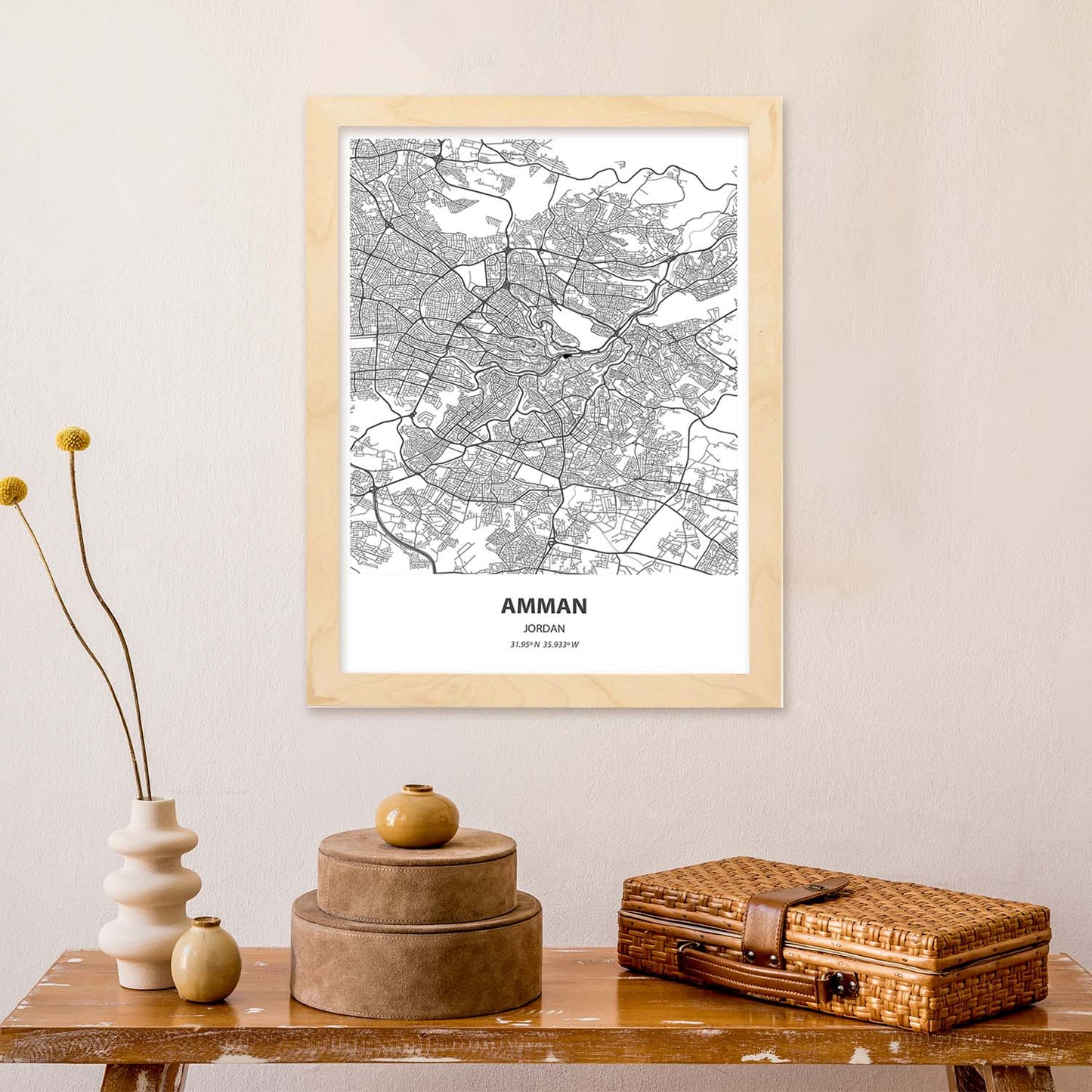 Poster con mapa de Amman - Jordania. Láminas de ciudades de Oriente Medio con mares y ríos en color negro.-Artwork-Nacnic-Nacnic Estudio SL
