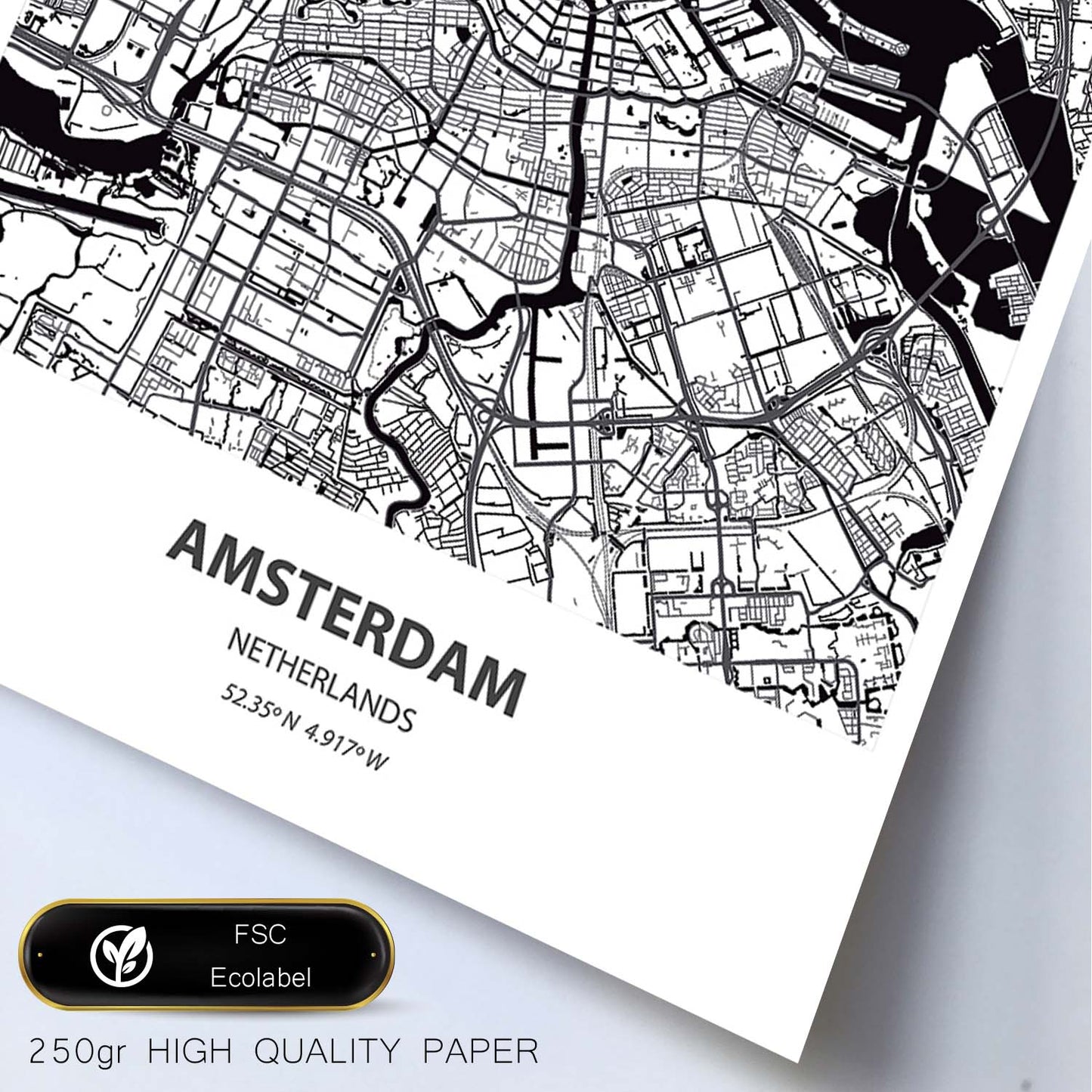 Poster con mapa de Amsterdam - Holanda. Láminas de ciudades de Holanda y Bélgica con mares y ríos en color negro.-Artwork-Nacnic-Nacnic Estudio SL