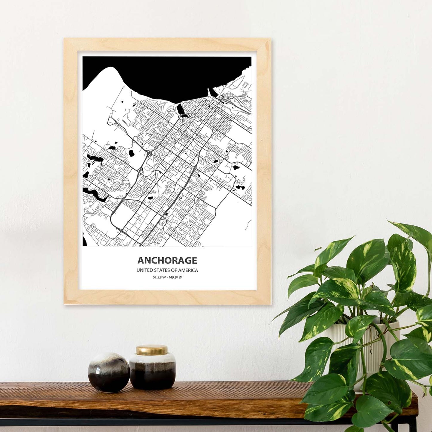 Poster con mapa de Anchorage - USA. Láminas de ciudades de Estados Unidos con mares y ríos en color negro.-Artwork-Nacnic-Nacnic Estudio SL