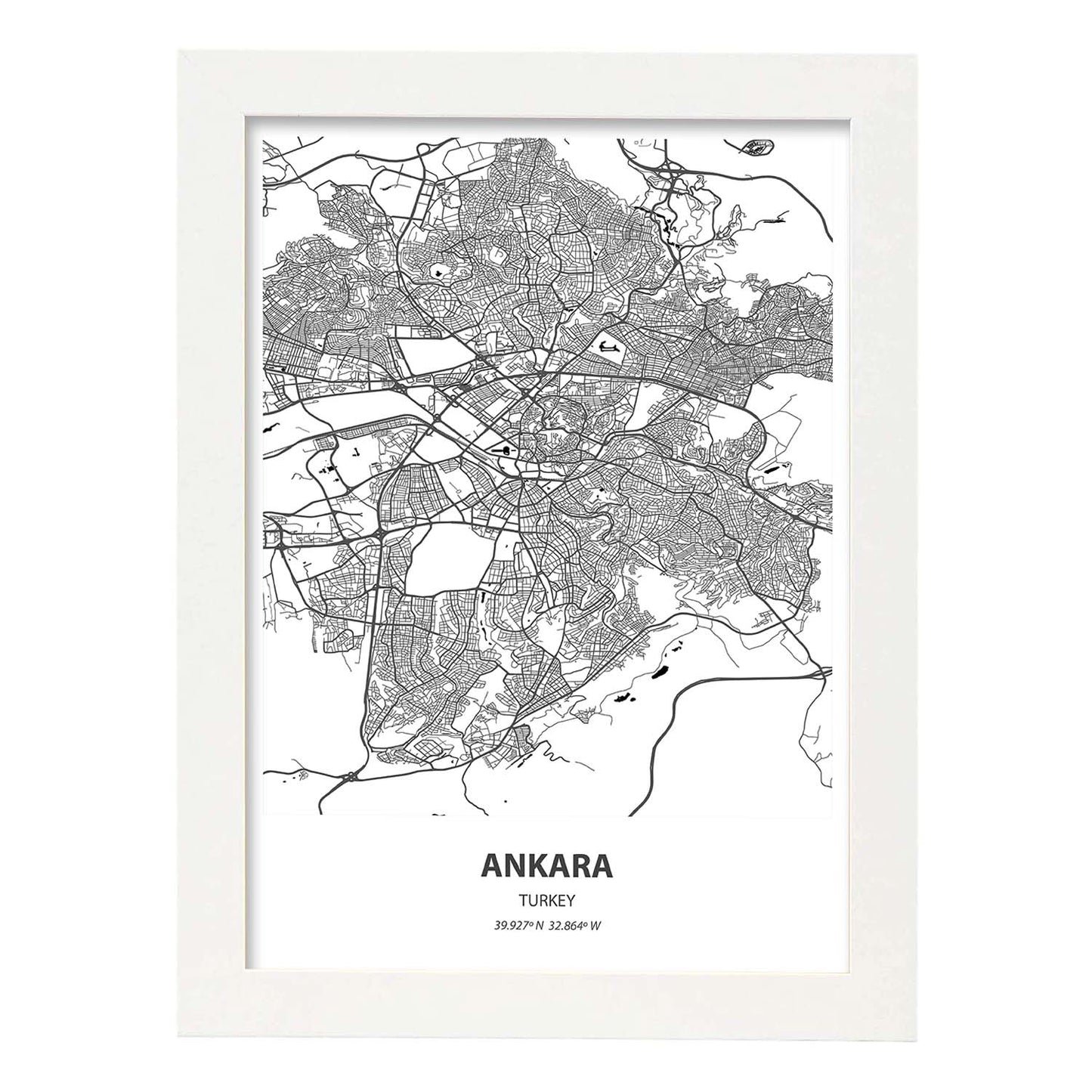 Poster con mapa de Ankara - Turkey. Láminas de ciudades de Oriente Medio con mares y ríos en color negro.-Artwork-Nacnic-A4-Marco Blanco-Nacnic Estudio SL