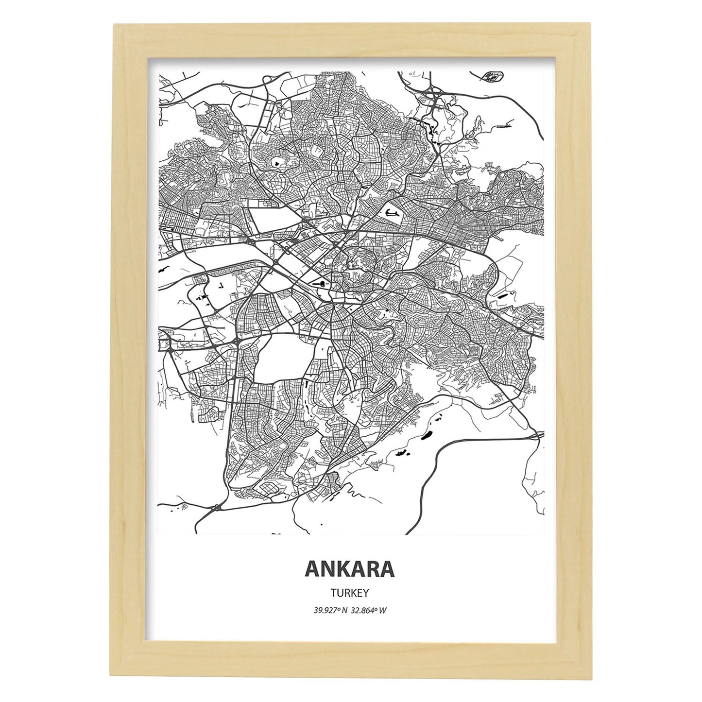 Poster con mapa de Ankara - Turkey. Láminas de ciudades de Oriente Medio con mares y ríos en color negro.-Artwork-Nacnic-A4-Marco Madera clara-Nacnic Estudio SL