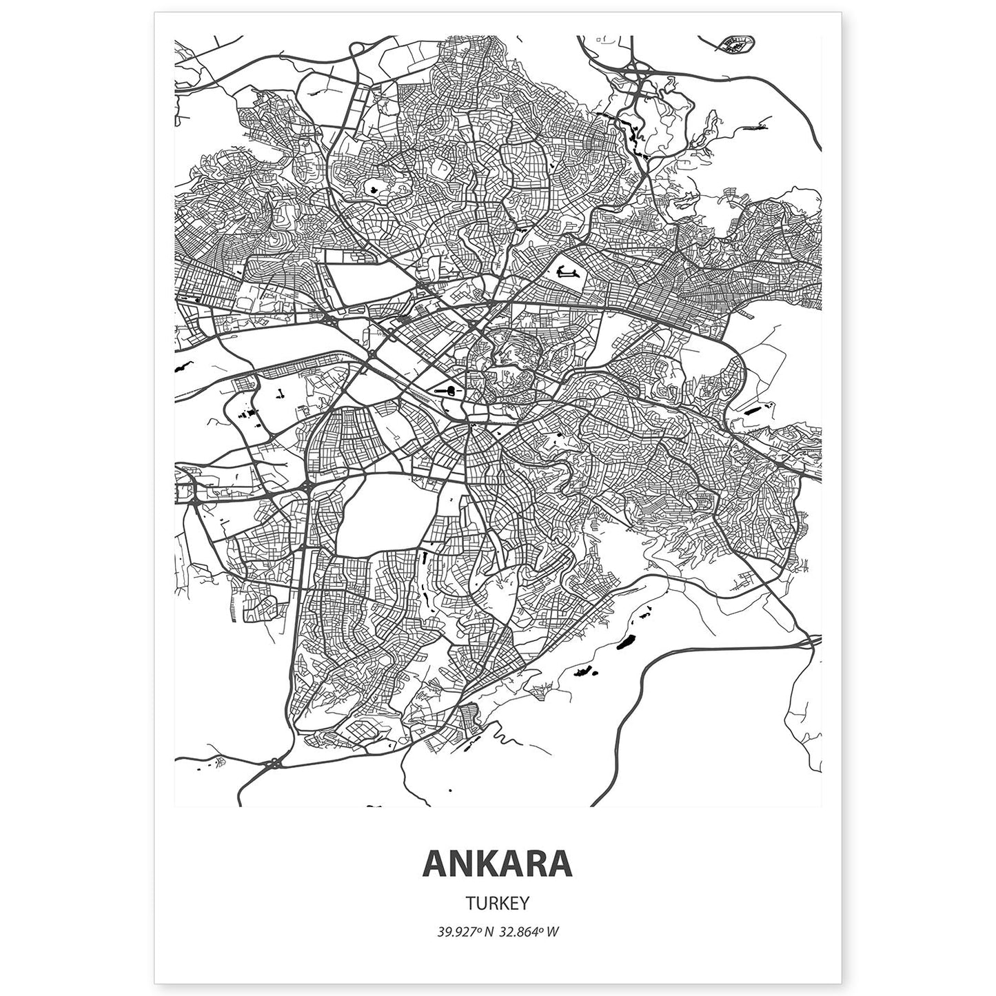 Poster con mapa de Ankara - Turkey. Láminas de ciudades de Oriente Medio con mares y ríos en color negro.-Artwork-Nacnic-A4-Sin marco-Nacnic Estudio SL