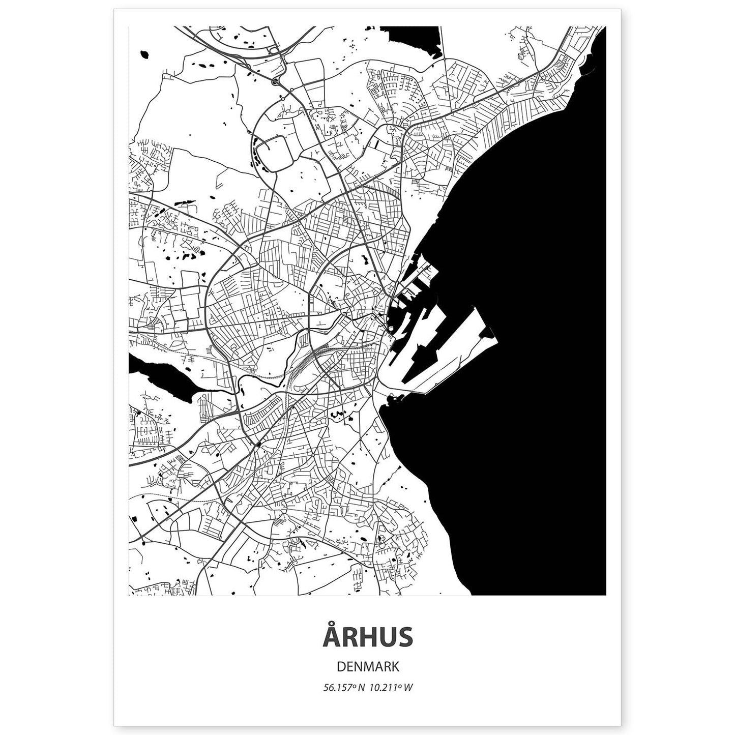 Poster con mapa de Arhus - Dinamarca. Láminas de ciudades del norte de Europa con mares y ríos en color negro.-Artwork-Nacnic-A4-Sin marco-Nacnic Estudio SL