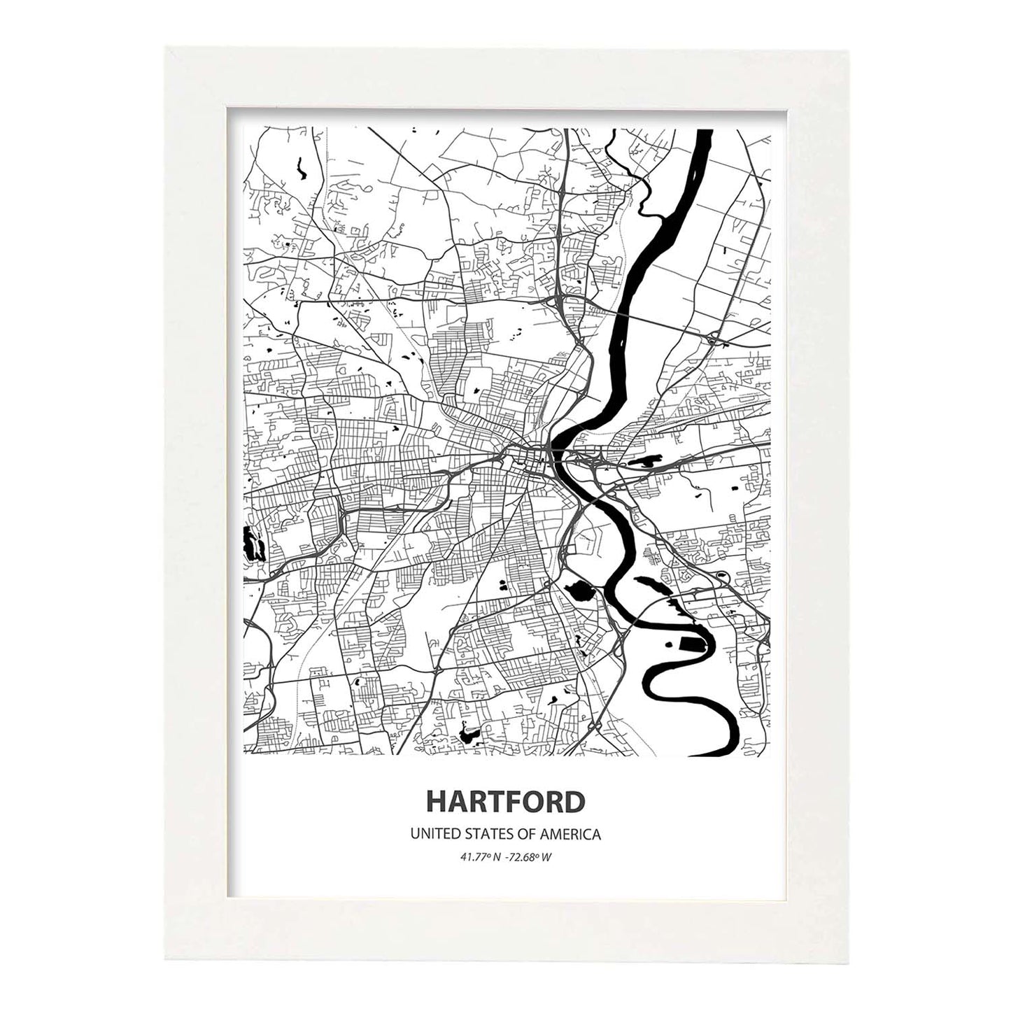 Poster con mapa de artford - USA. Láminas de ciudades de Estados Unidos con mares y ríos en color negro.-Artwork-Nacnic-A4-Marco Blanco-Nacnic Estudio SL