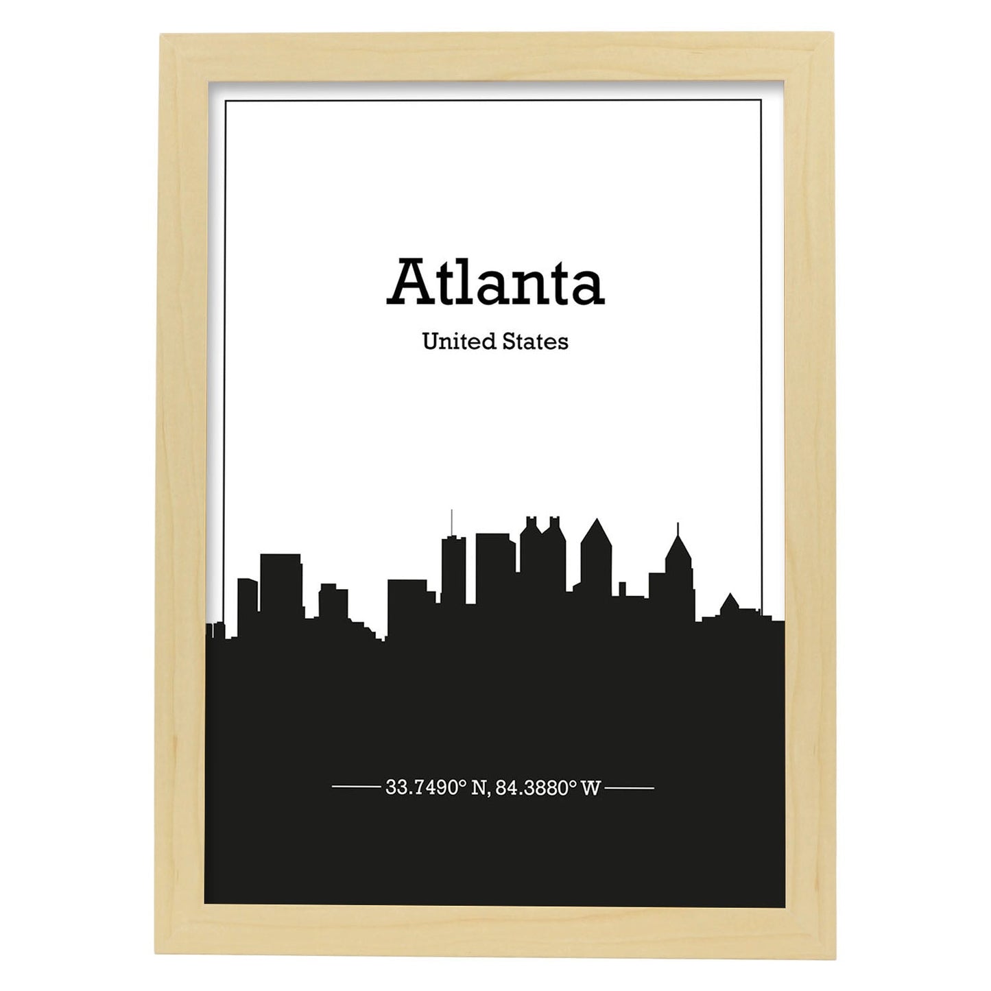 Poster con mapa de Atlanta - USA. Láminas con Skyline de ciudades de Estados Unidos, Canada, Mexico con sombra negra.-Artwork-Nacnic-A3-Marco Madera clara-Nacnic Estudio SL